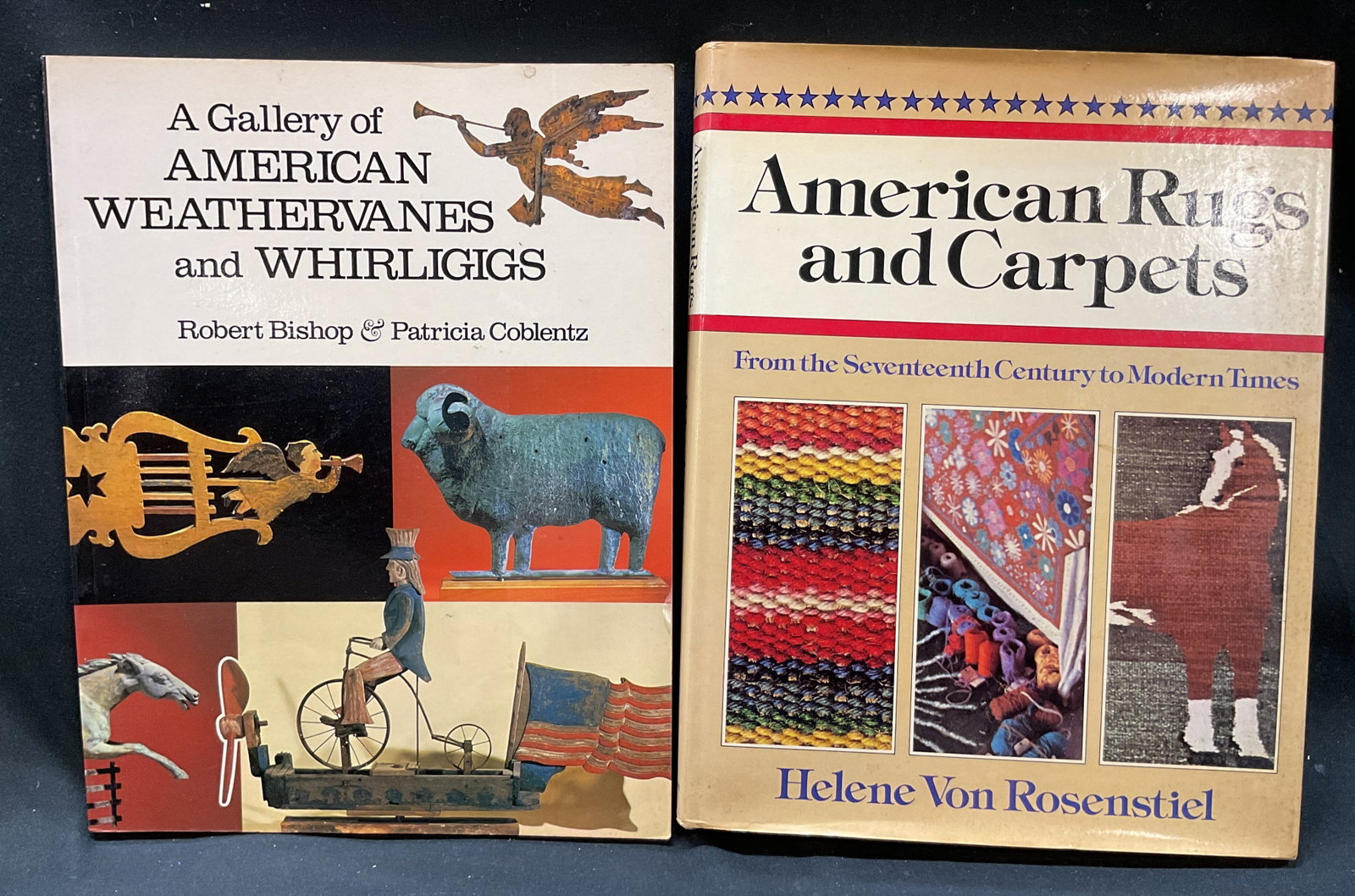 Lot 2 American Decor Illus Bks Bishop+: Lot of 2 books. A Gallery Of American Weathervanes and Whirligigs by Robert Bishop and Patricia Coblentz, published by E.P. Dutton, 1981. American Rugs and Carpets From The Seventeenth Century to