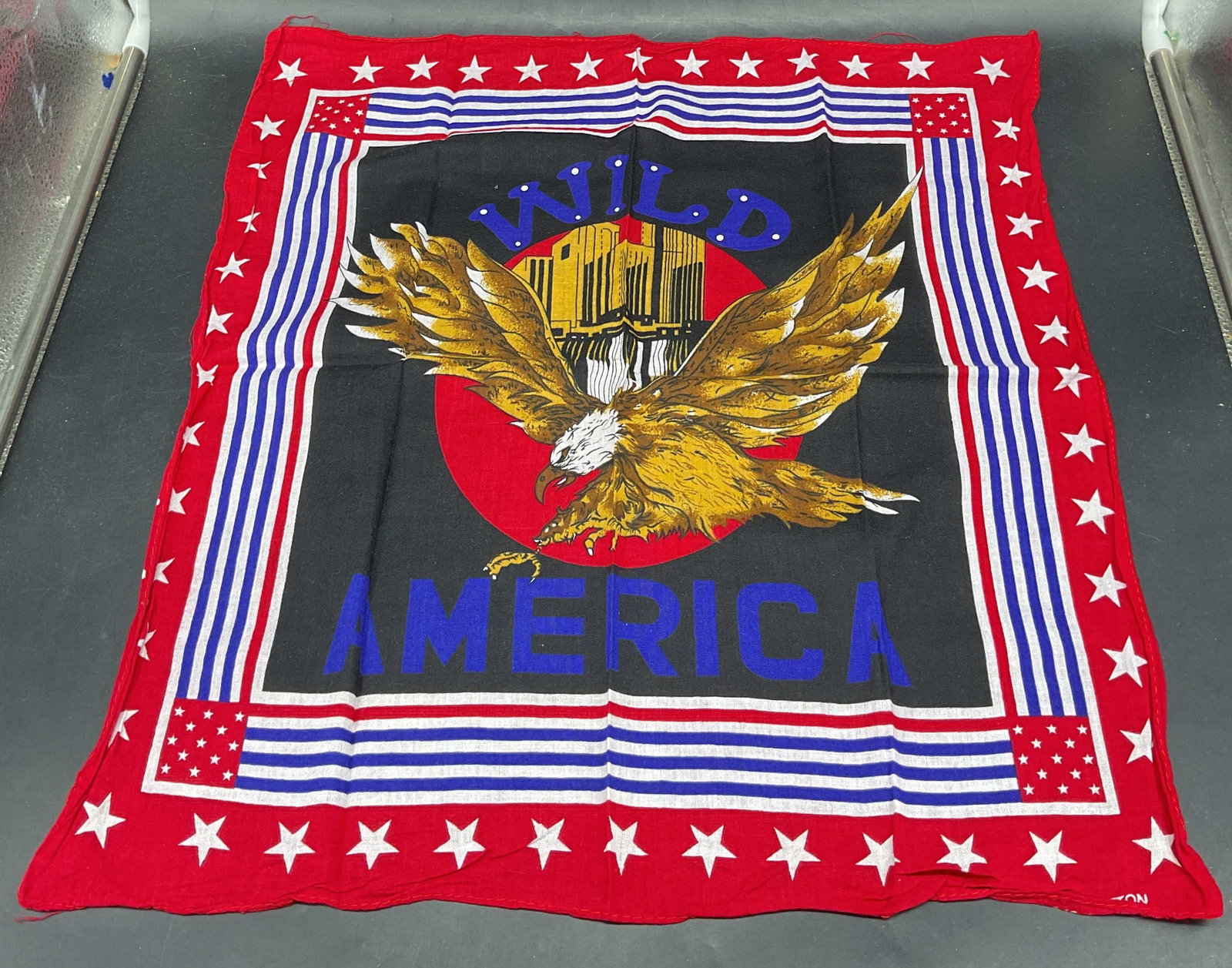 Red White Blue America Eagle Cotton Bandana: Red, white and blue Stars and Stripes Wild America bald eagle print cotton bandana. Measures approx. 18 x 18 inches. Some pulls. Red white and blue bandana, eagle bandana. American bandana, accessorie