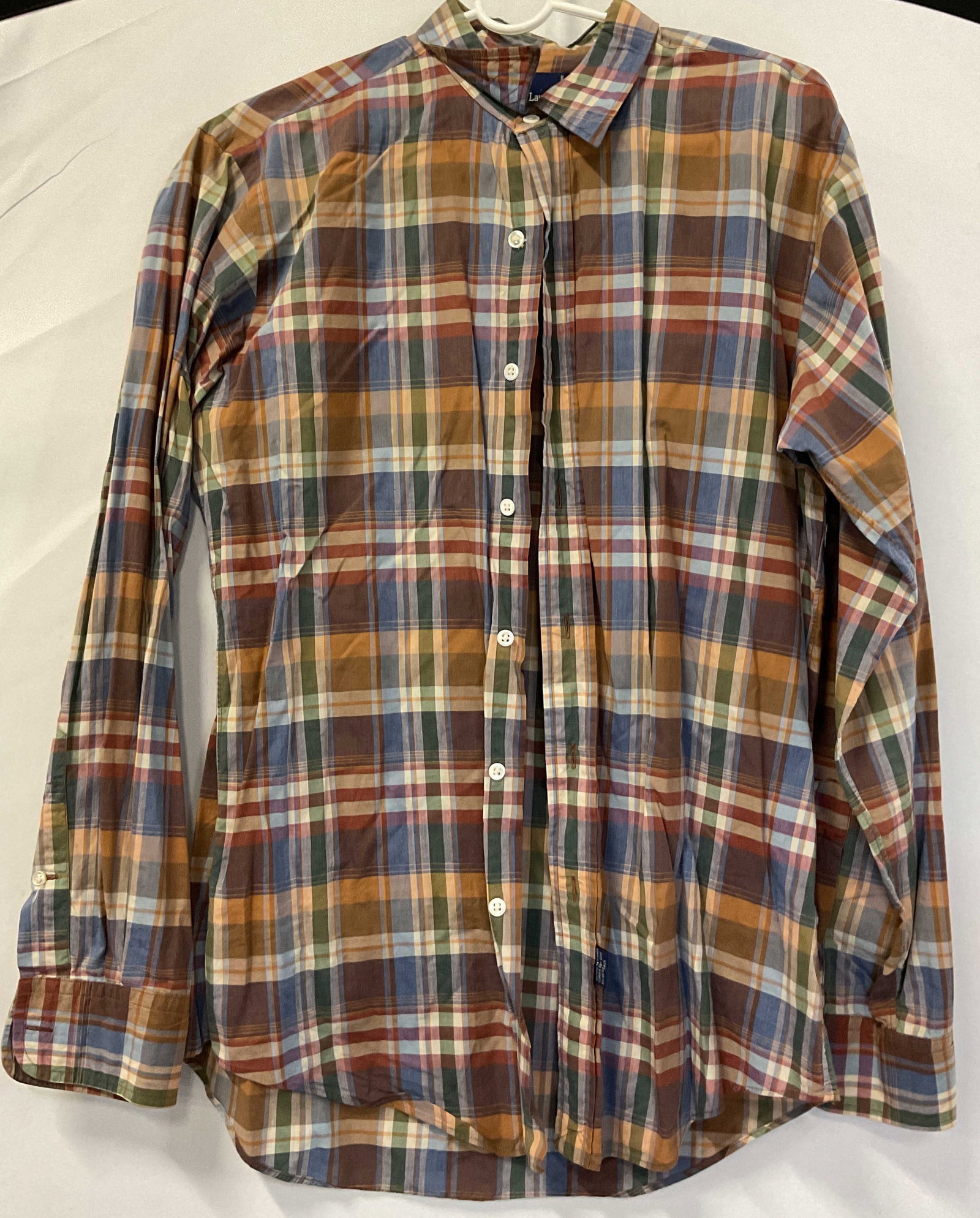 Polo Ralph Lauren Plaid Button Down Hong Kong: Polo Ralph Lauren plaid button down. Made in Hong Kong. Size 15-34. 100% cotton. Long sleeve. Collared and buttoned. Plaid pattern in orange, red, blue, and more. Wear consistent with exposure. Button