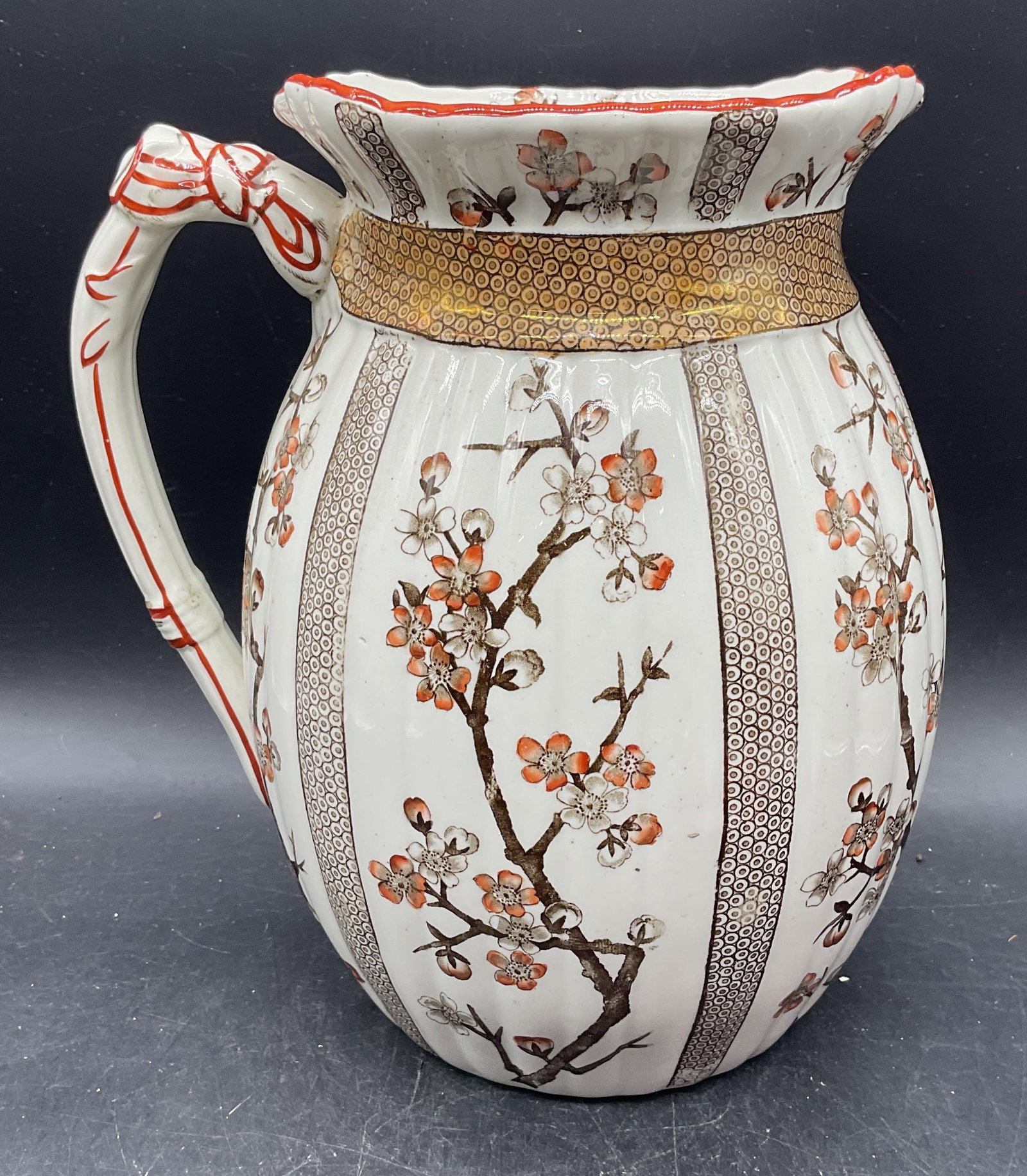 Antq RIDGWAYS Cherry Ceramic Pitcher England: Antique Ridgways ceramic wash jug/pitcher 8; Cherry pattern, transfer print with hand painted detail. Made in Stoke On Trent, England. Measures approx. 9 x 7 x 10.5 inches. Some scratching. Antiques, 
