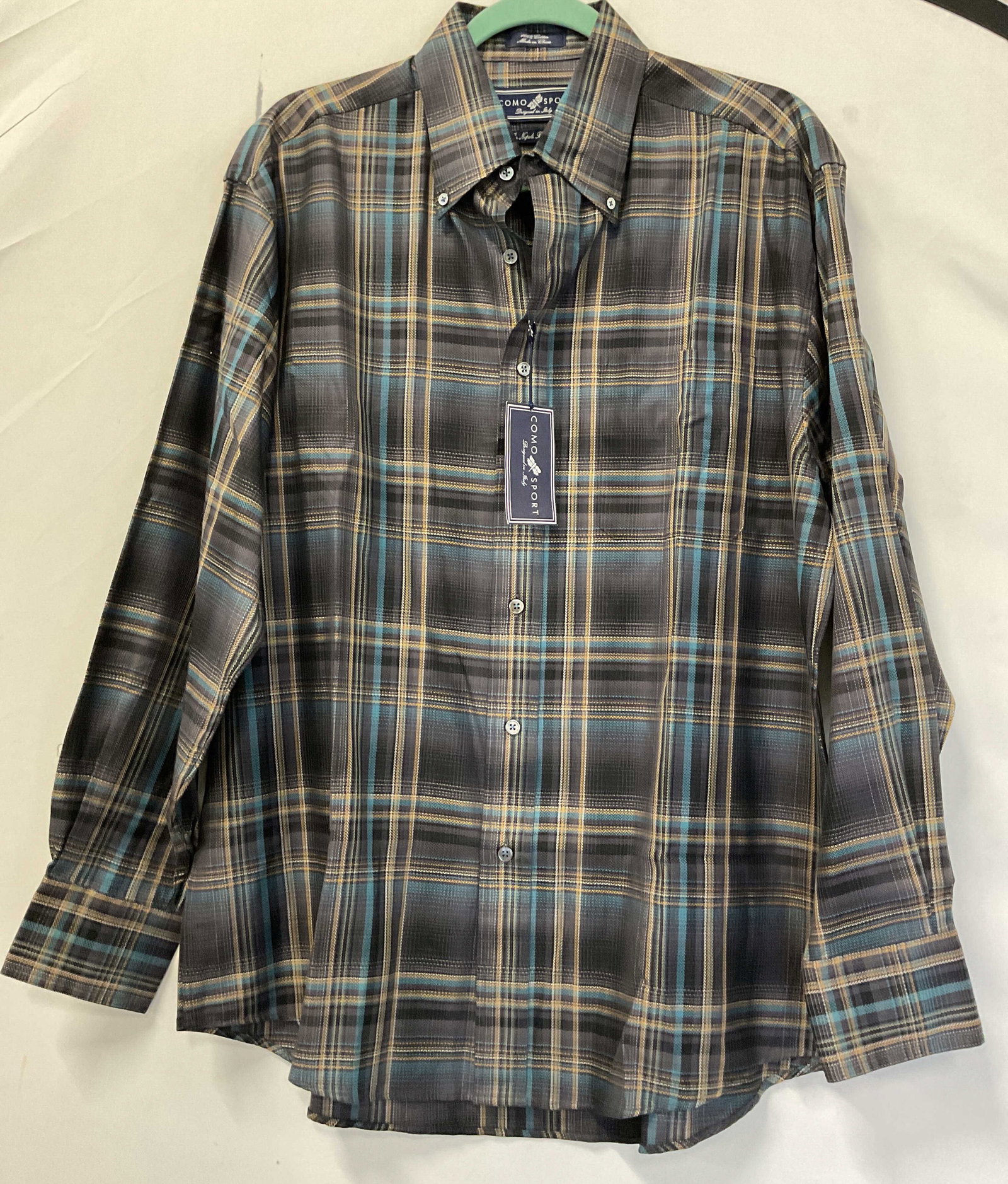 Como Sport Plaid Button Down NWT: New with tag. Como Sport plaid button down. The Napoli Button Down. Designed in Italy. Size L. 100% cotton. Long sleeve. Collared and buttoned. Front pocket. Plaid pattern in black, blue, yellow, and