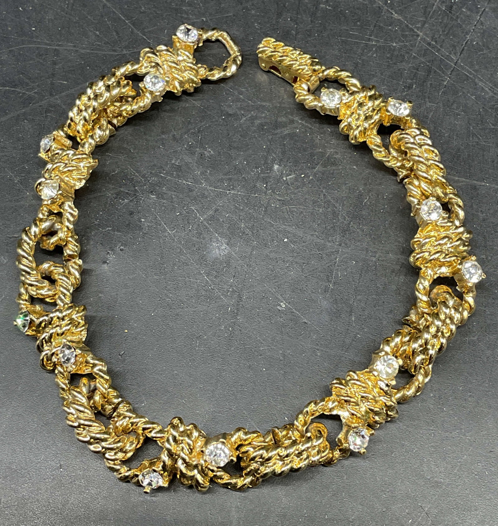 Todd Anthony Gold Tone Crystal Chain Bracelet: Vintage Todd Anthony gold tone cable chain link bracelet with colorless crystals. Measures approx. 7.5 inches long. Some scratching. Jewelry, estate jewelry, costume jewelry, cocktail jewelry,