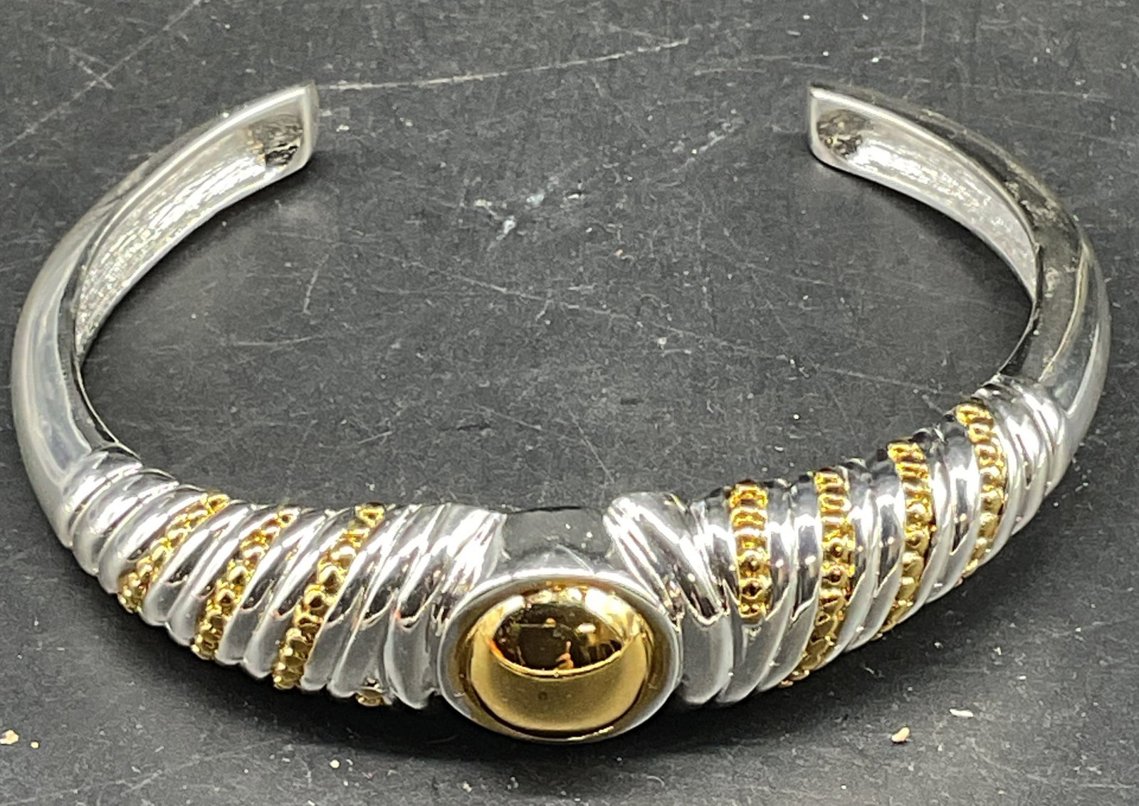 Vintage Napier Silver & Gold Tone Cuff Bracelet: Vintage Napier silver and gold tone cable and bead band cuff bracelet. Measures approx. 2.25 inches. Some scratching. Jewelry, estate jewelry, costume jewelry, cocktail, jewelry, fashion jewelry,