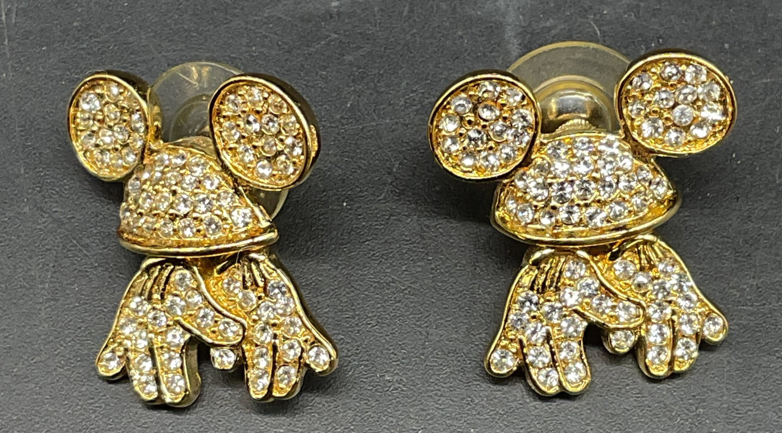 Napier Disney Mickey Gold Tn Crystal Earrings: Vintage Napier Disney Mickey Mouse ears and gloves gold tone and colorless crystal earrings. Measures approx. .75 inches long. Some scratching. Jewelry, estate jewelry, costume jewelry, cocktail jewel