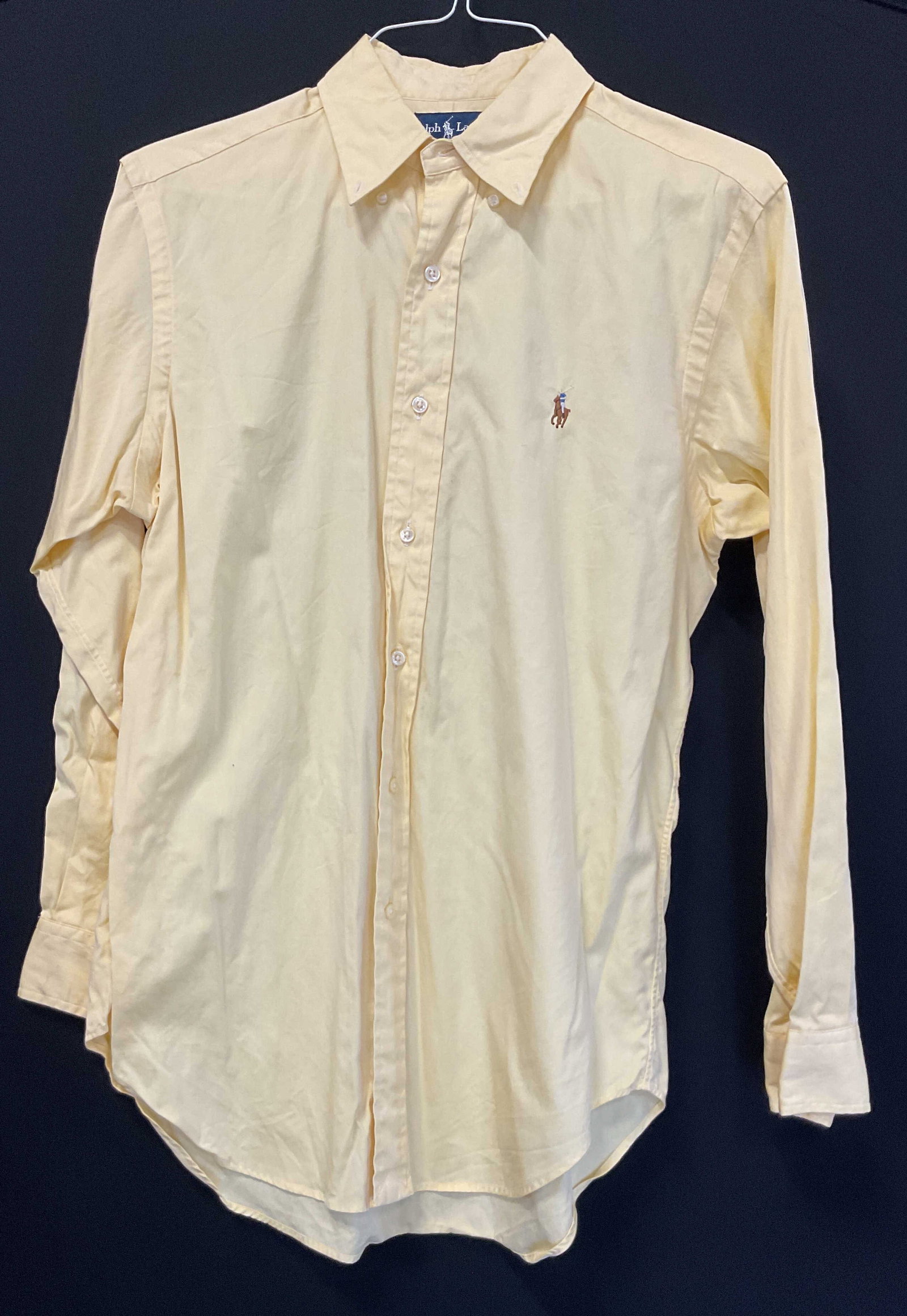 Ralph Lauren Yellow Button Down: Ralph Lauren yellow button down. 100% cotton. Size 15.5 32/33 classic fit. Long sleeve. Collared and buttoned. Embroidered logo. Wear consistent with exposure. Ralph Lauren, button down, top, wearable
