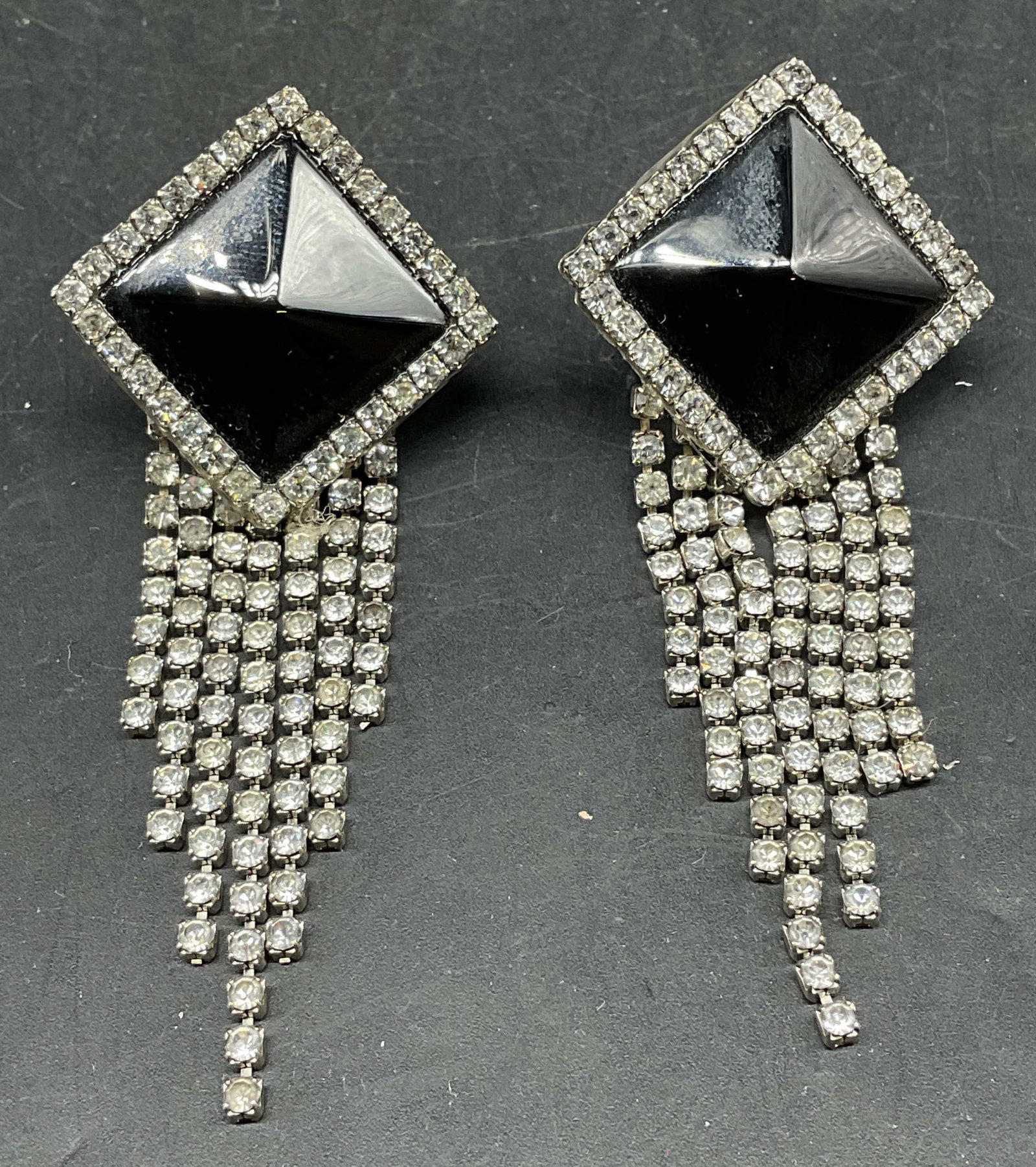Vintage Art Deco Style Crystal Black Earrings: Vintage art deco style earrings with black lucite and colorless crystal chains. Measures approx. 3.25 inches long. Some scratching. Jewelry, estate jewelry, costume jewelry, cocktail jewelry, fashion