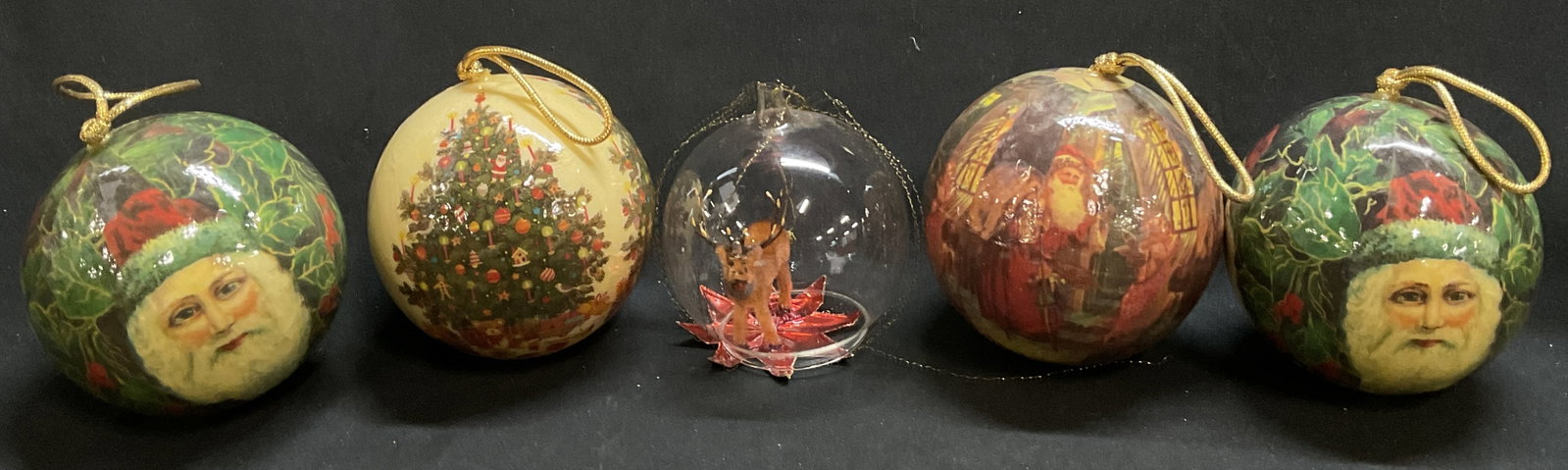 Lt5 ANTQ and VTG Ball-Shaped Ornaments W.Germany+: 5 Antique and Vintage Ball-Shaped Ornaments. Comes with Boxes. Includes an Antique Late 18th Century Mouthblown and Hand Decorated Glass Ball Ornament with Fuzzy Reindeer Inside and Metal Coil