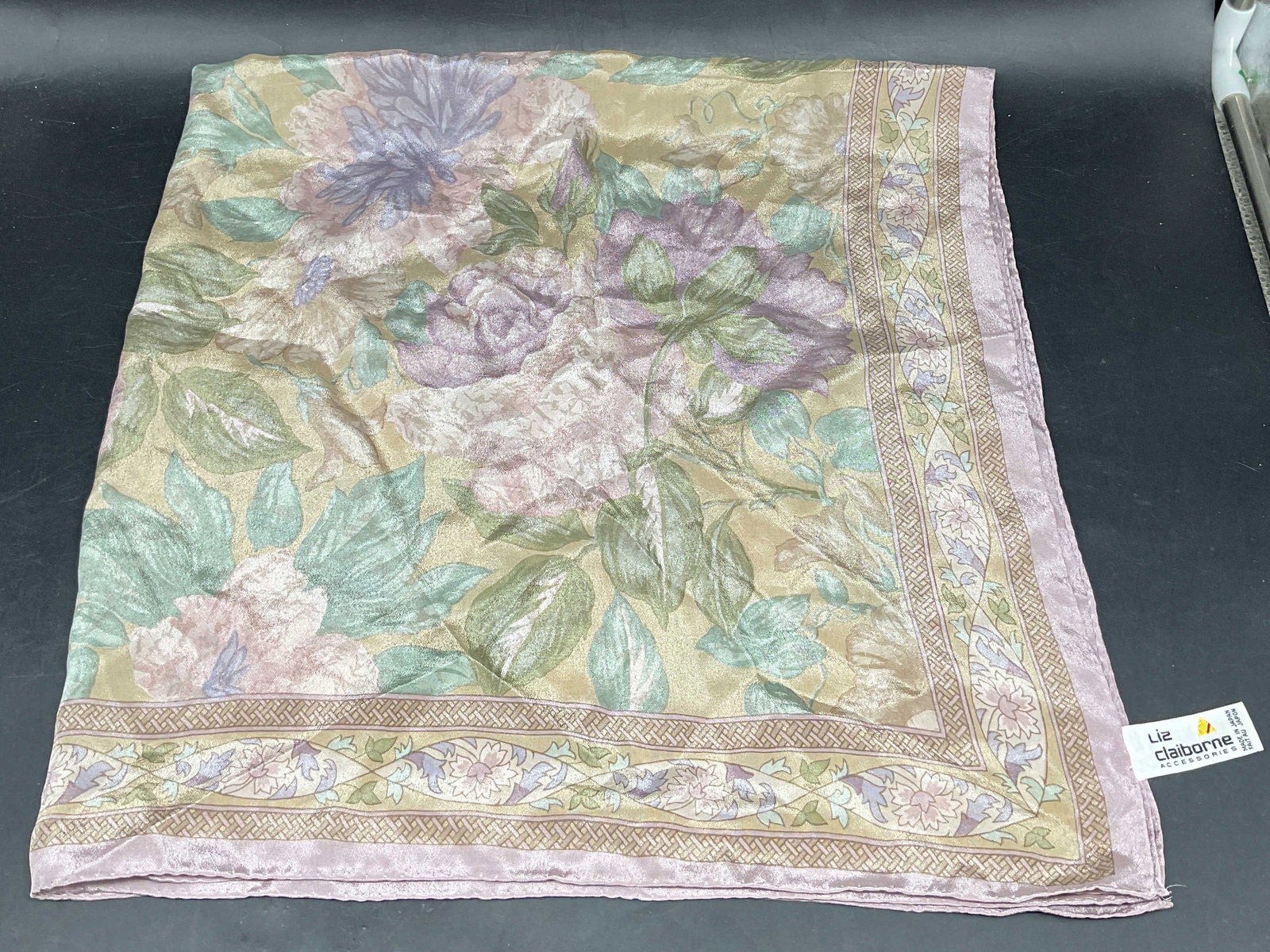 Liz Claiborne Purple Floral Silk Scarf: Vintage Liz Claiborne purple and green floral print silk scarf. Measures approx. 30 x 30 inches. Some wear consistent with exposure. Scarf, vintage scarf, accessories, fashion accessories, wearables,