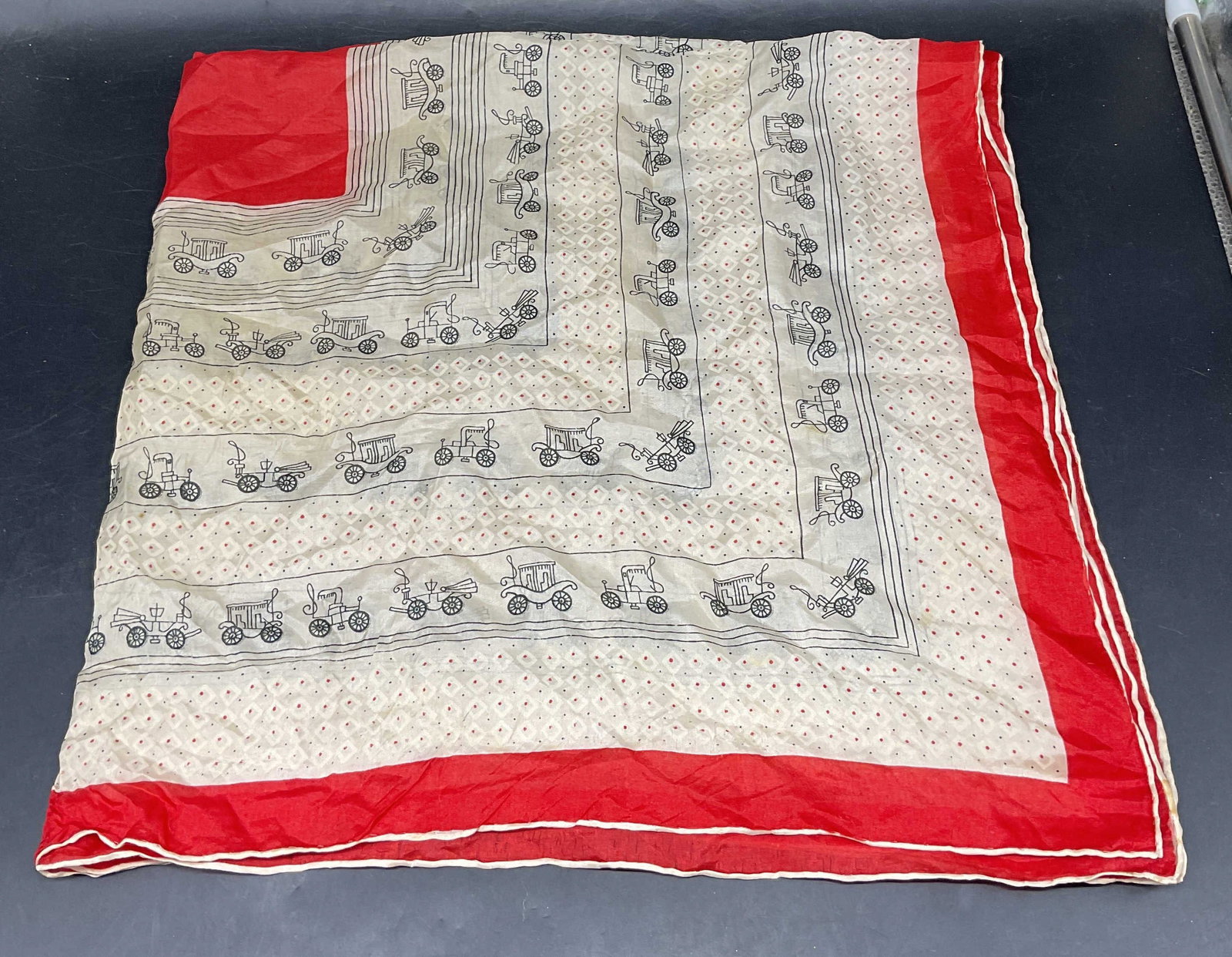 Red & Cream Automobile Print Silk Scarf: Red and cream automobile print silk scarf. Measures approx. 30 x 30 inches. Wear including blemishes and holes. Scarf, vintage scarf, accessories, fashion accessories, wearables, Silk scarf, red