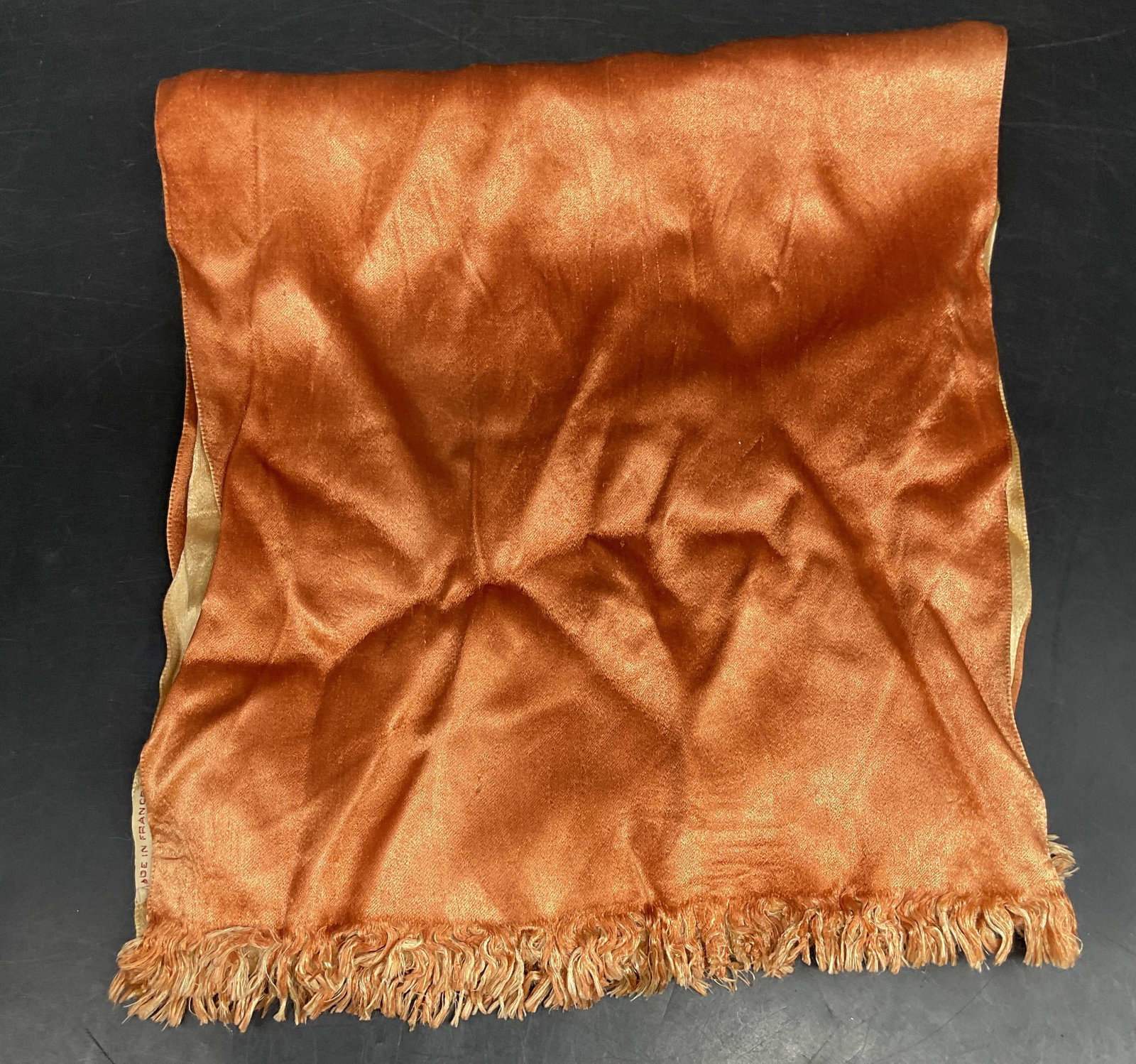 Orange Reversible Silk Fringe Scarf, France: Orange two ton reversible silk scarf with fringe edge. Made in France. Measures approx. 44 inches long. Some pulling and blemishes. Scarf, vintage scarf, accessories, fashion accessories, wearables,