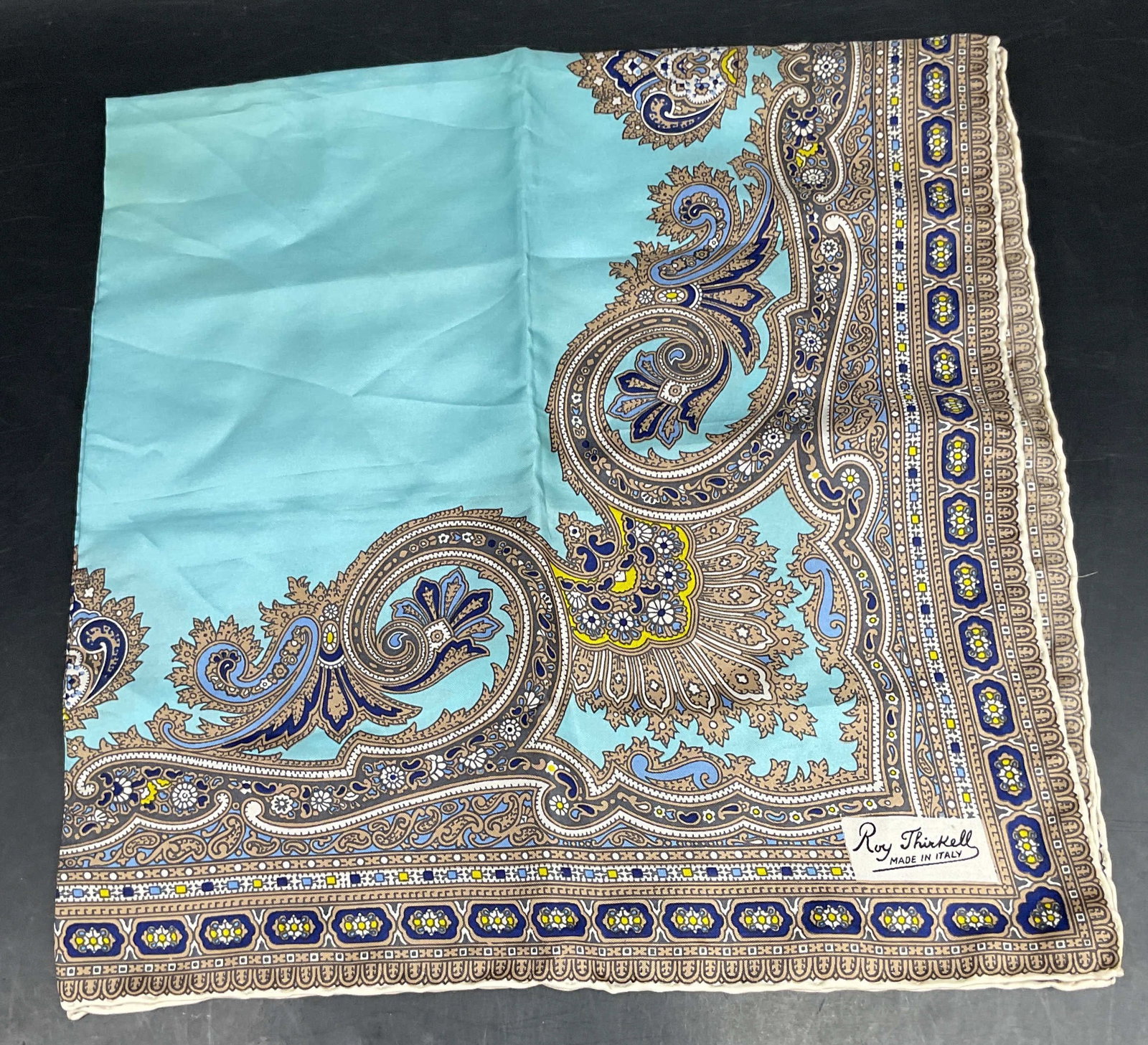 Roy Thirkell Blue Paisley Silk Scarf, Italy: Roy Thirkell blue paisley scroll print silk scarf. Made in Italy. Measures approx. 26 x 27 inches. Some blemishes. Scarf, vintage scarf, accessories, fashion accessories, wearables, Roy Thirkell