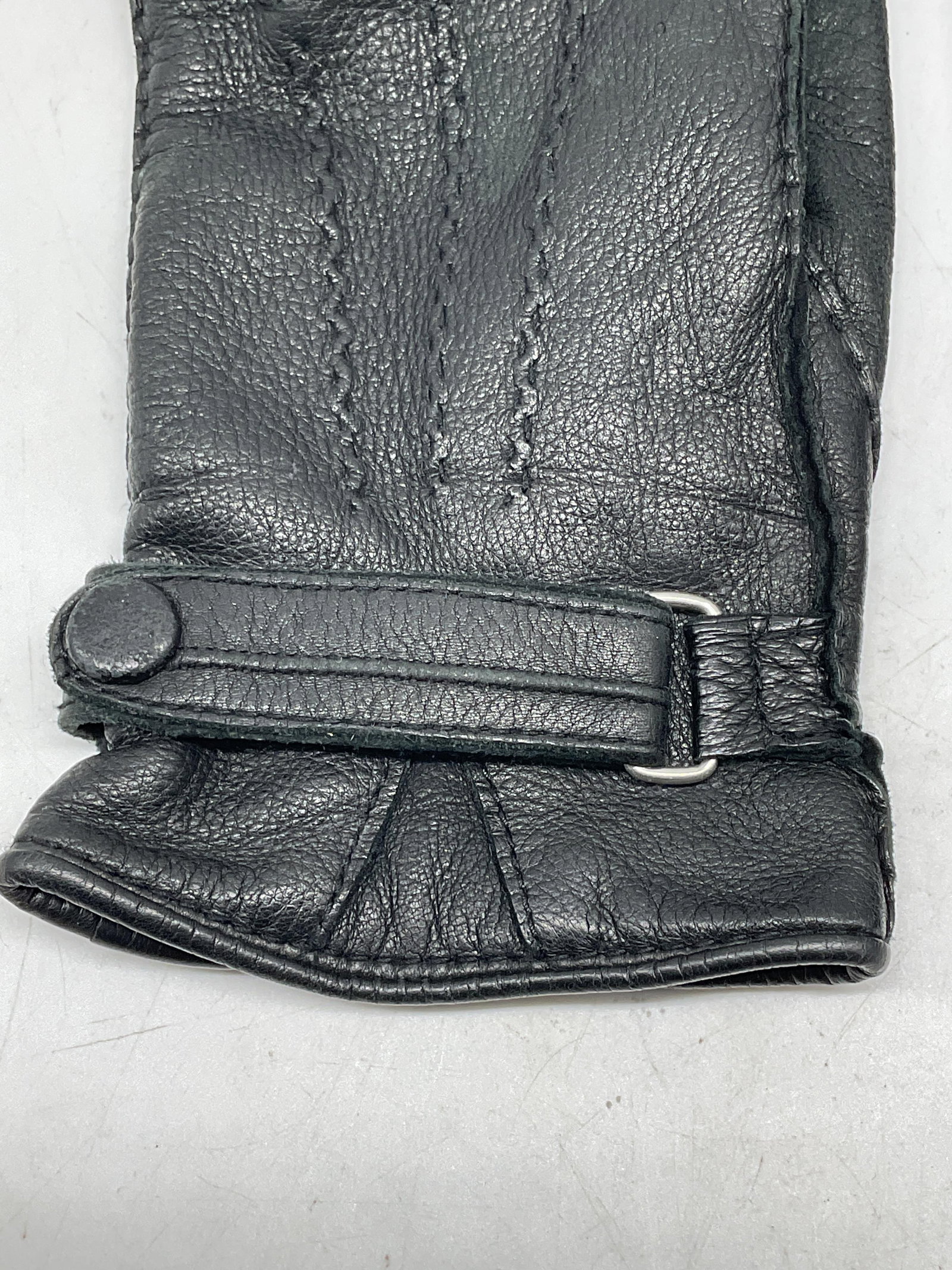 Black Leather Button Strap Gloves - 3