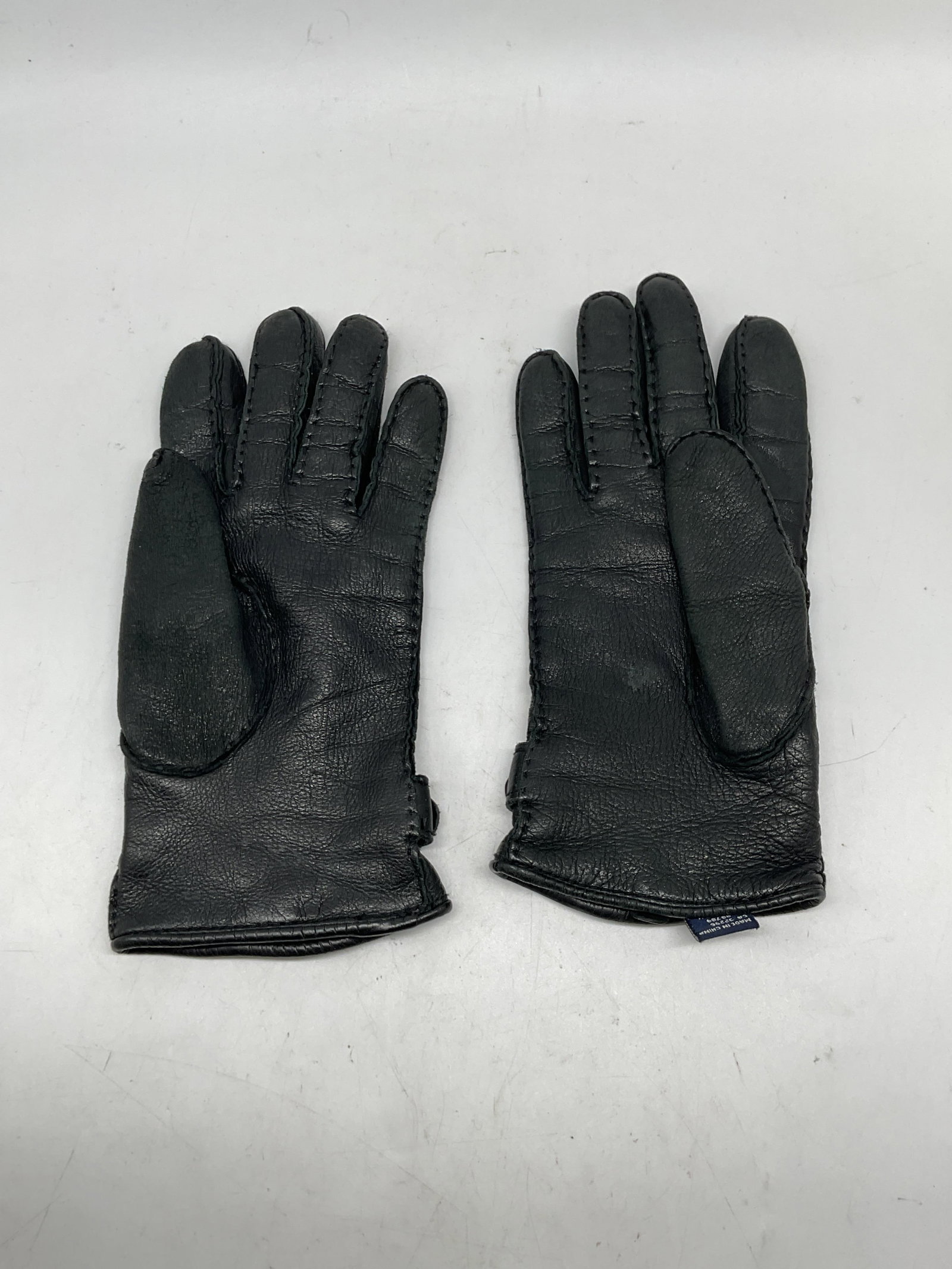 Black Leather Button Strap Gloves - 5