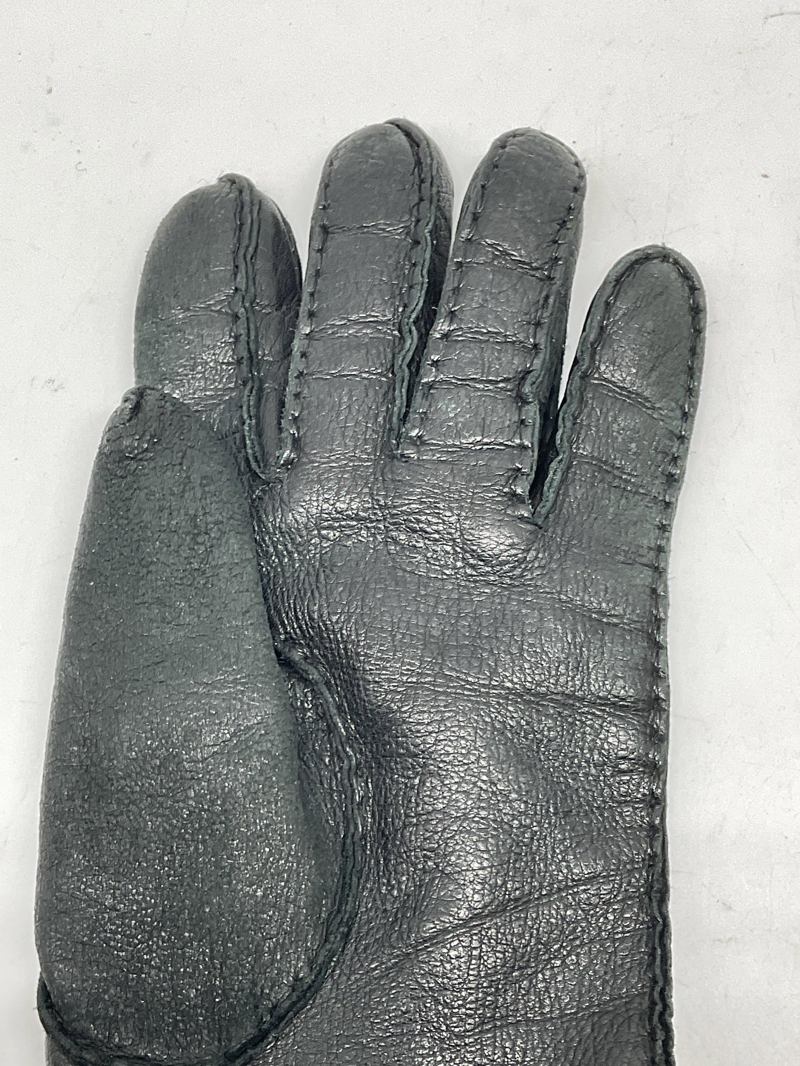 Black Leather Button Strap Gloves - 6