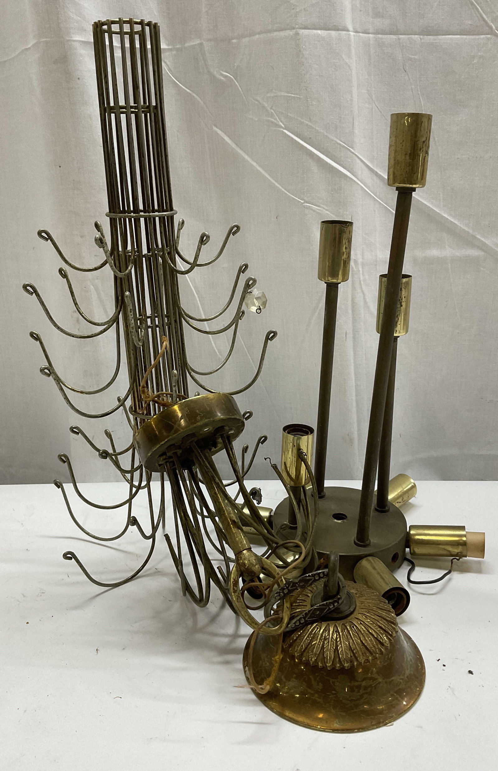 Lt3 VINTAGE Brass+ Chandelier Lighting Salvage: 3 Pieces of Vintage Brass and Brass-Toned Chandelier Lighting Salvage. Includes a Dome-Shaped Canopy with Acanthus Leaf Design, a Cascading Waterfall Chandelier Structure with Some Crystals Attached,