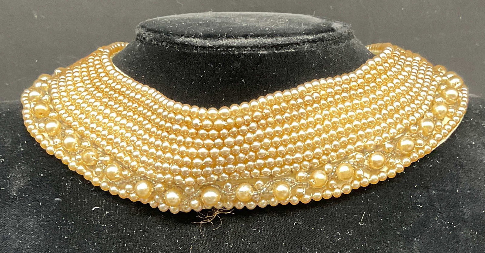 Vintage Faux Pearl Beaded Collar Necklace Japan: Vintage faux pearl beaded collar necklace with satin backing. Drop length 5.5 inches. Made in Japan. Some loss to beads. Some scratching. Jewelry, estate jewelry, costume jewelry, cocktail jewelry,