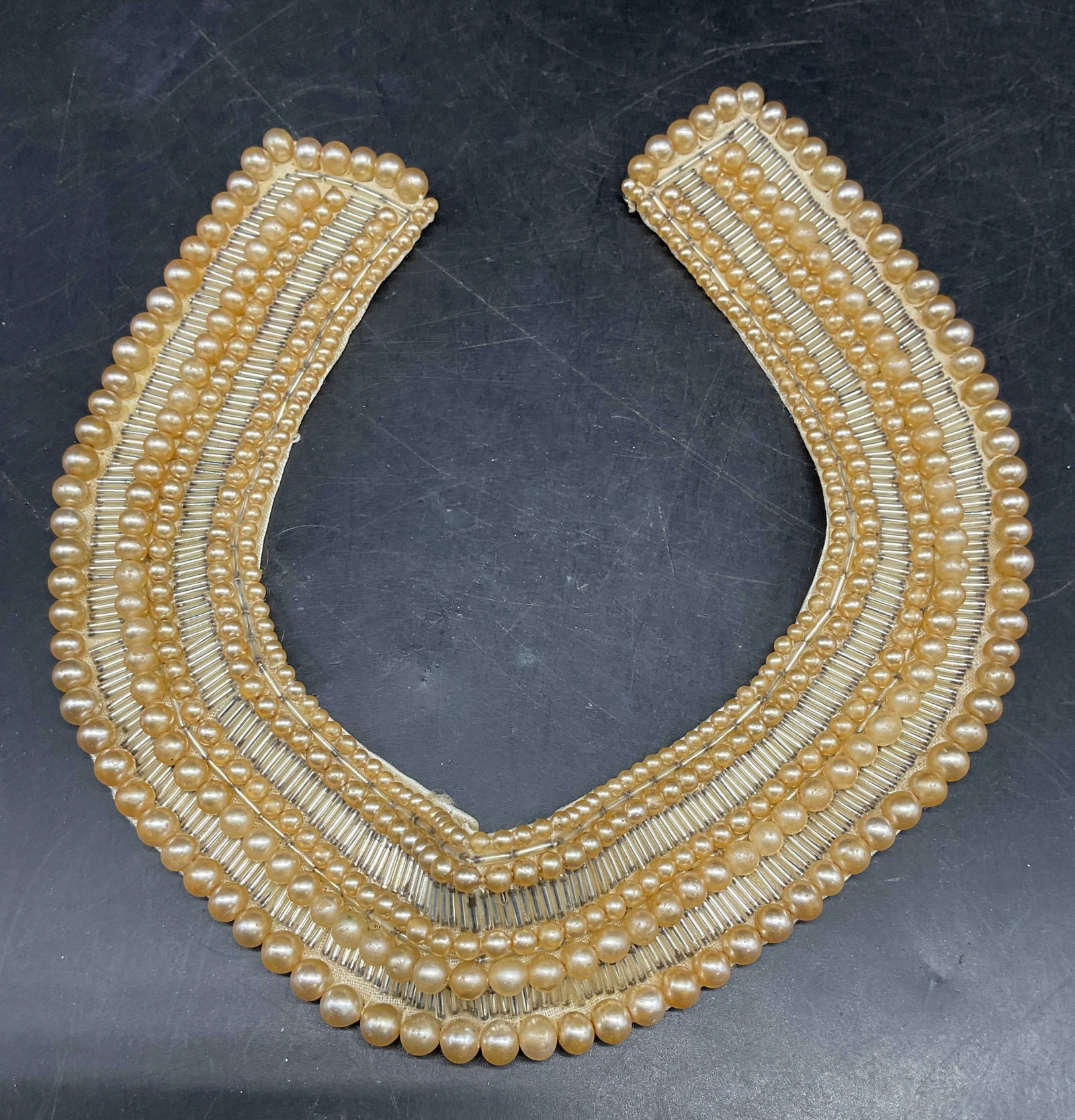 Vintage Faux Pearl Beaded Collar Necklace Japan: Vintage faux pearl beaded collar necklace with satin backing. Drop length 5 inches. Hand made in Japan. Some scratching. Jewelry, estate jewelry, costume jewelry, cocktail jewelry, fashion jewelry, ac