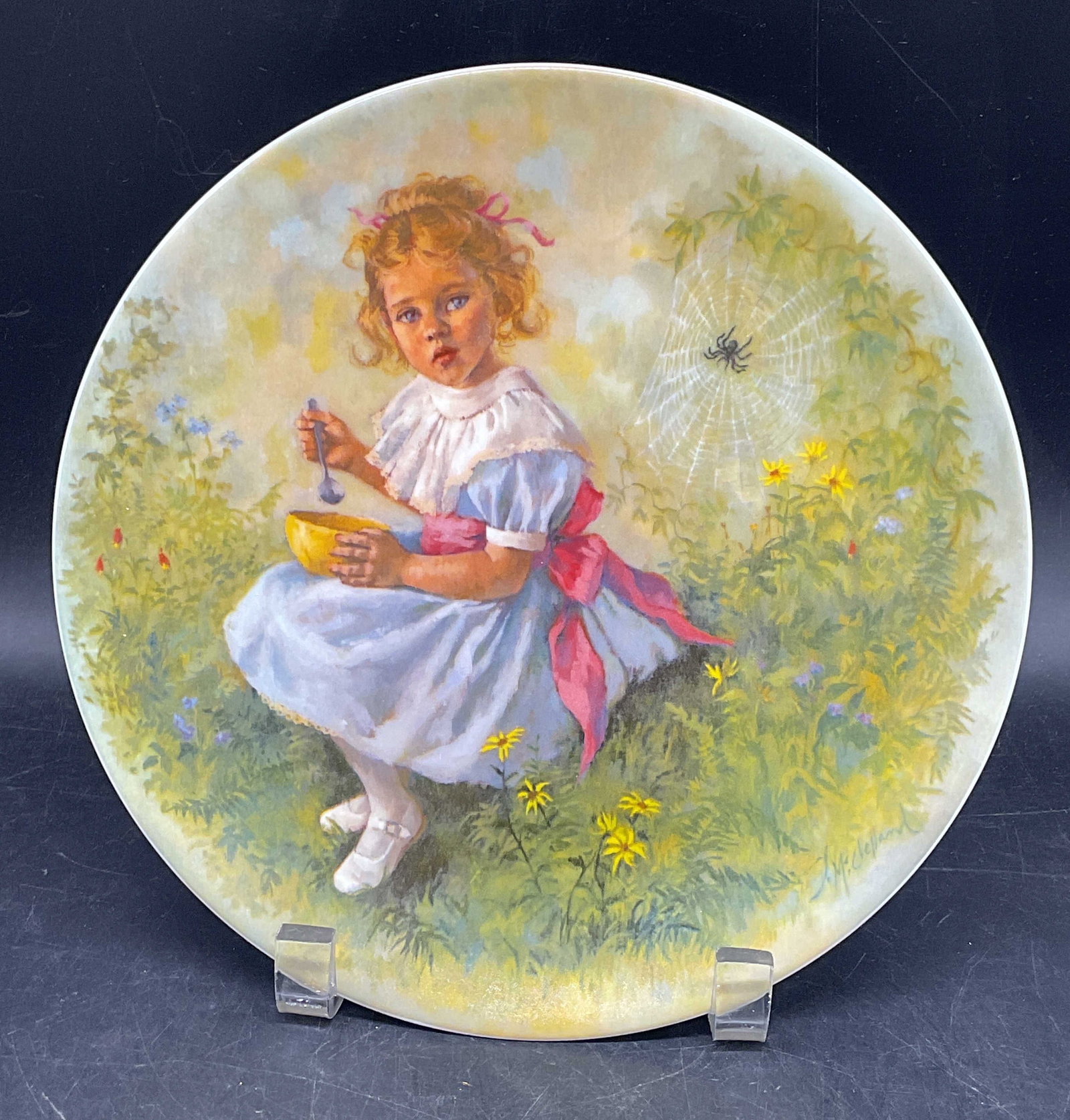 Reco China Mother Goose Miss Muffet Plate: 1981 Reco China plate. Mother Goose series, Little Miss Muffet. Measures approx. 8.75 inches. Some scratching. Reco plate, mother goose plate, little Miss Muffet plate, collectibles, home decor, table