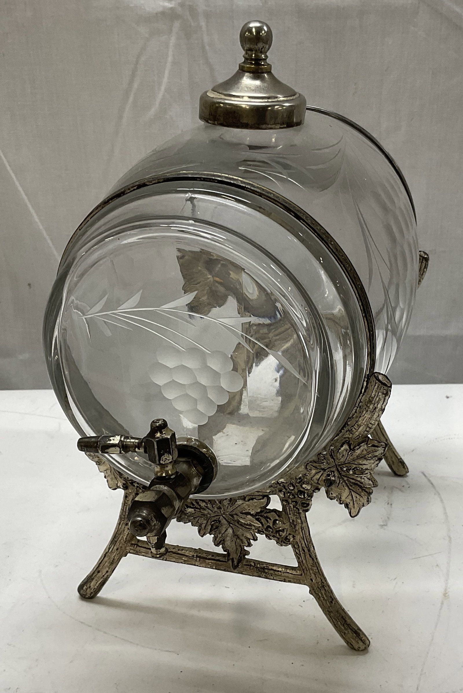 ANTQ Etched Glass Decanter on Ornate Metal Stand (1 of 10)