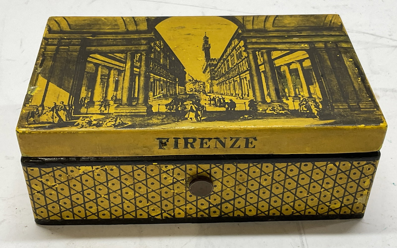 VTG Enameled Metal Florence Design Music Box SWITZ: Vintage Enameled Metal Music Box. Black and Yellow Design of Florence, Italy. Front reads Firenze (Florence). Plays Jos. Haydns Serenade and W.A. Mozarts Minuet. Made in Switzerland. Fading Present.