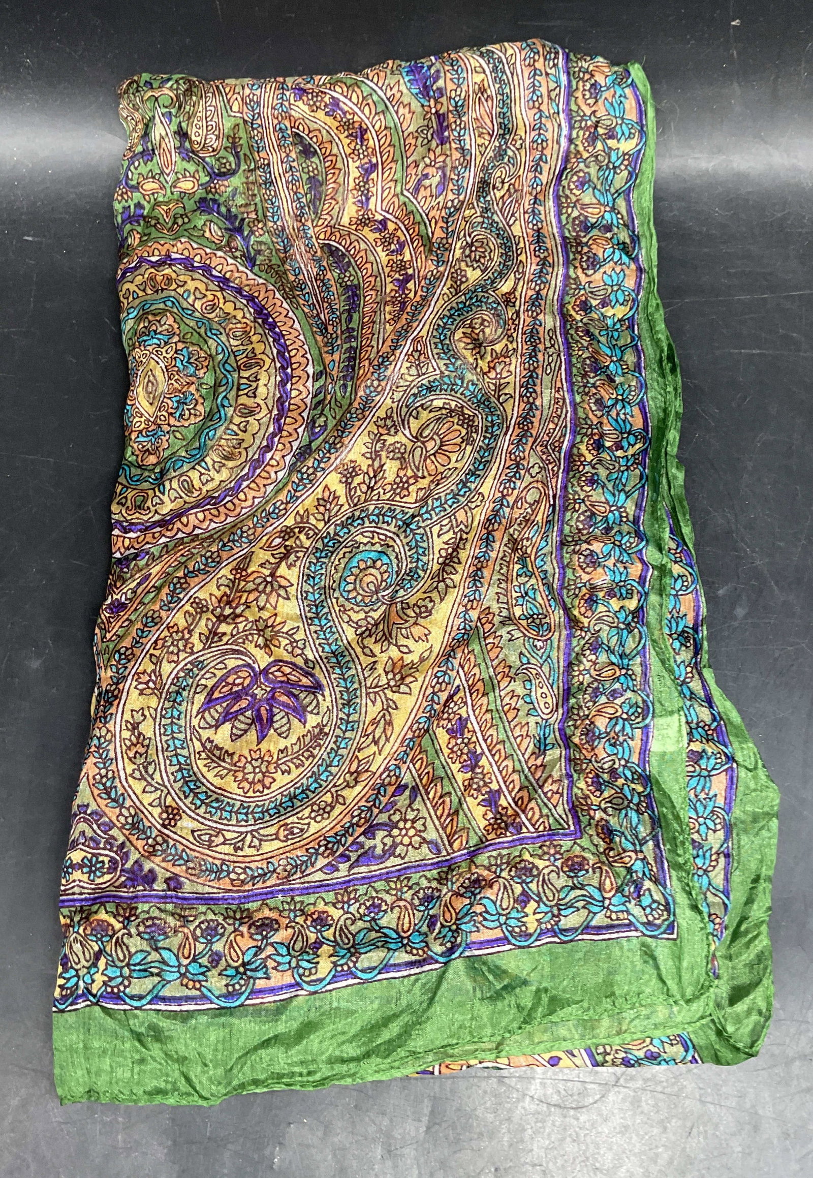 Vintage Green Paisley Print Silk Scarf India (1 of 6)
