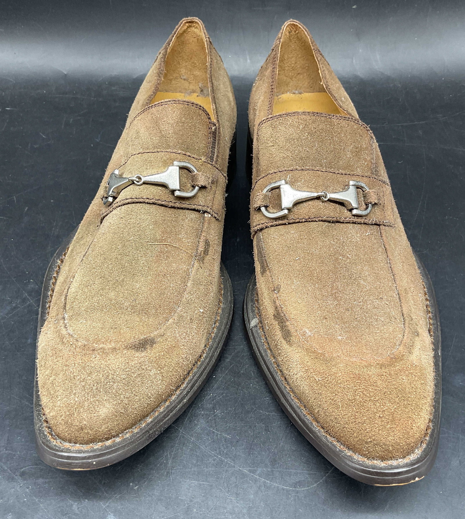 Juno New York Brown Suede Loafers: Juno New York brown suede loafers with silver tone hardware. Size 41. Some scuffing, pilling, blemishes. Juno loafer, designer loafer, suede loafers, brown loafer, wearables, 10 cs