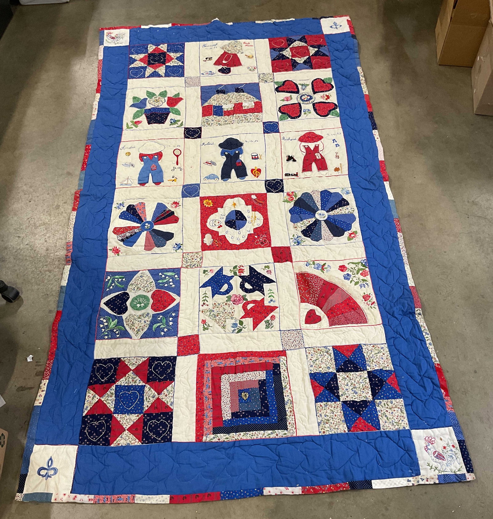 Signed Vintage Hand Pieced Cotton Quilt: Vintage 1996 Signed Francoise hand pieced and embroidered cotton quilt. Applied lace and button decoration. Family themed in red, white and blue. Measures approx. 98 x 54 inches. some blemishes and