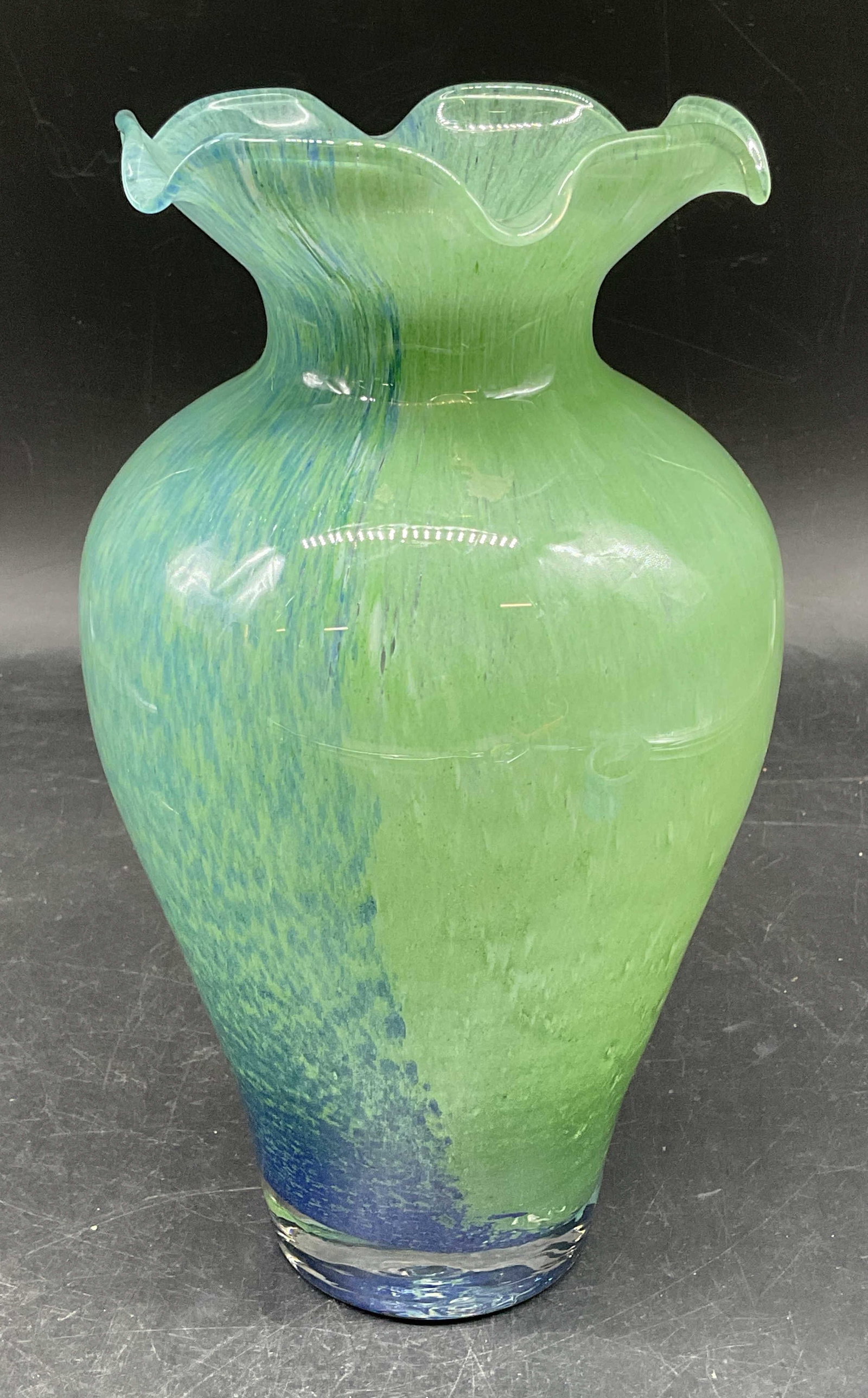 Hand Blown Blue Green Art Glass Ruffle Vase: Hand blown blue and green mottled art glass vase with ruffle rim. Measures approx. 5 x 8.25 inches. Some scratching. Art glass vase, blue vase, green vase, ruffle vase, home decor, table decor, 10 cs