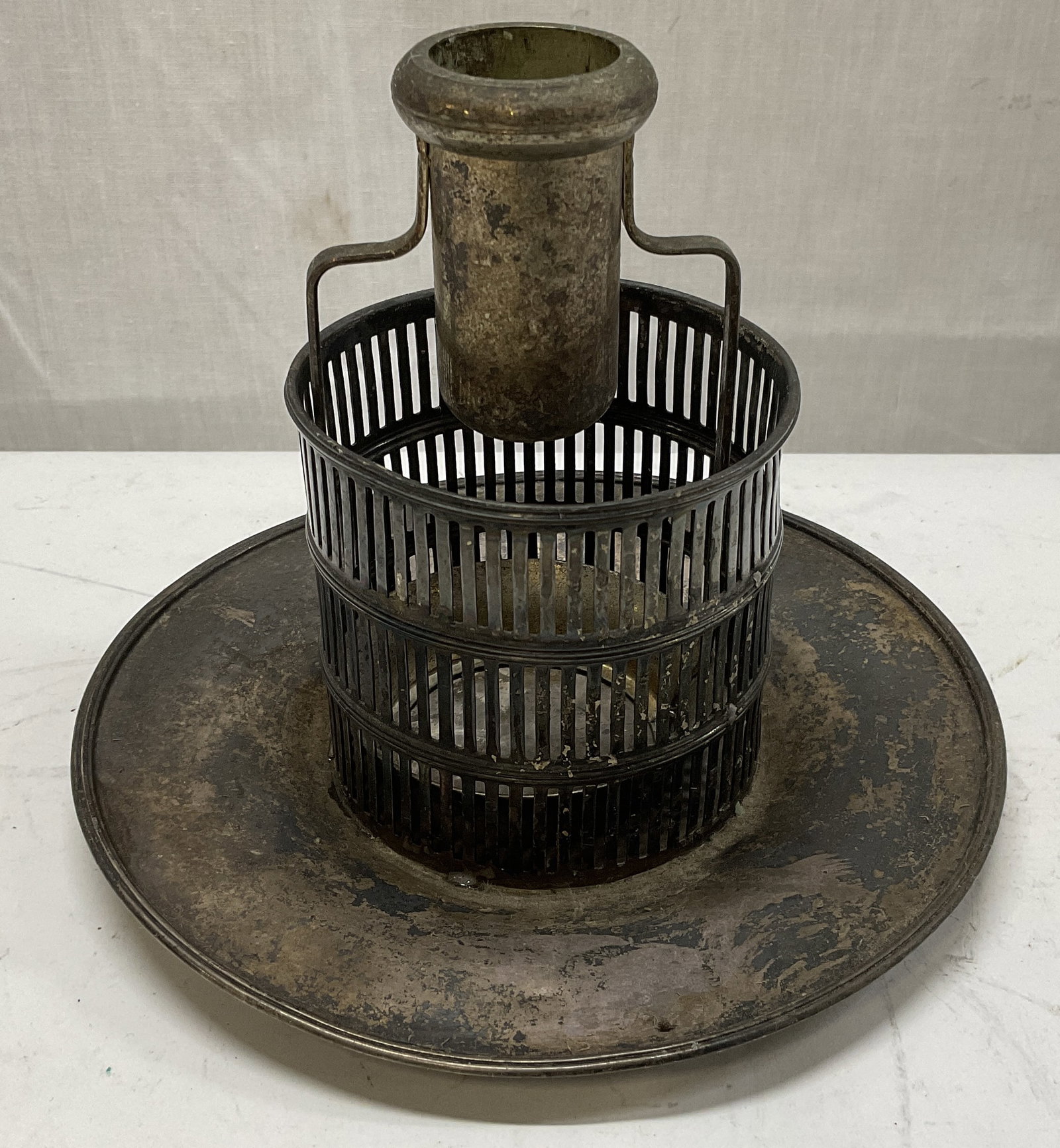 VINTAGE STERLING+ Oil Lamp Holder: Vintage Marked Sterling Silver Oil Lamp Cage with Base. Silver-Plated Tube. Scratching and Tarnishing Present. Sterling Base Weighs 140.9 G. Measures app 5.25in H x 6in Diam. Vintage, Sterling