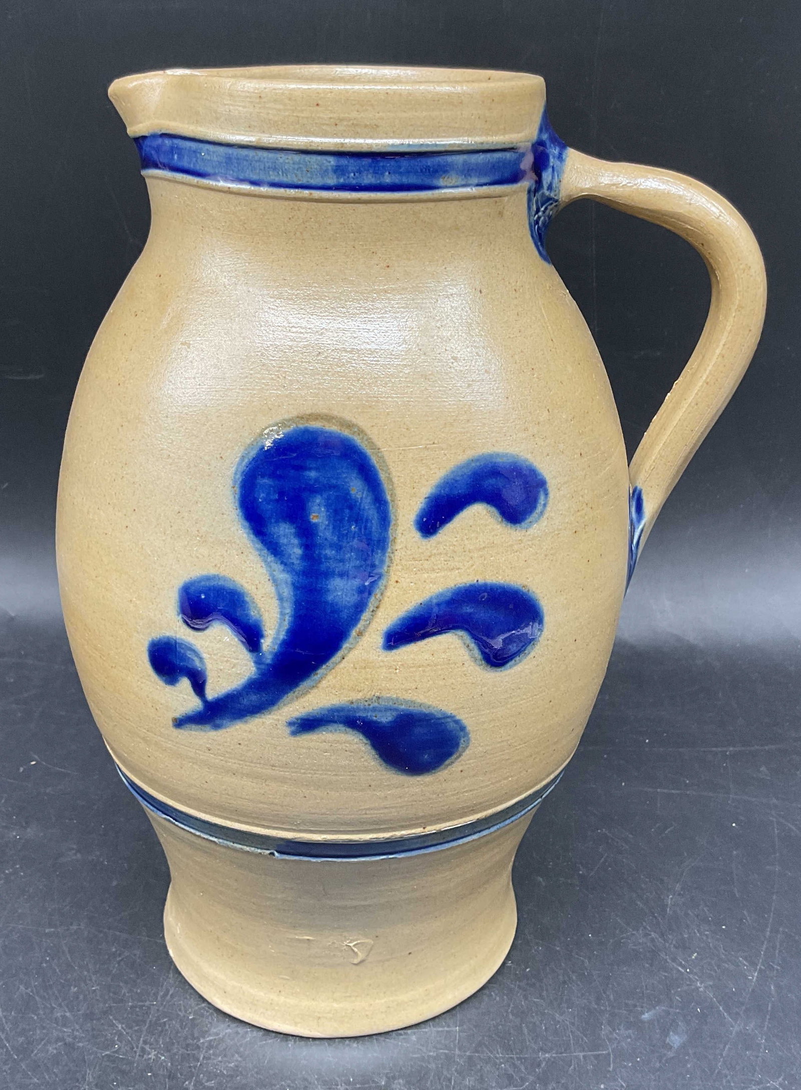 Vintage Blue Salt Glazed Stoneware Pitcher: Vintage blue salt glazed stoneware pitcher. Measures approx. 5.5 x 9.5 inches. Some scratching. Stoneware pitcher, salt glaze pitcher, homewares, home accessories, tableware, table accessories, 10 cs