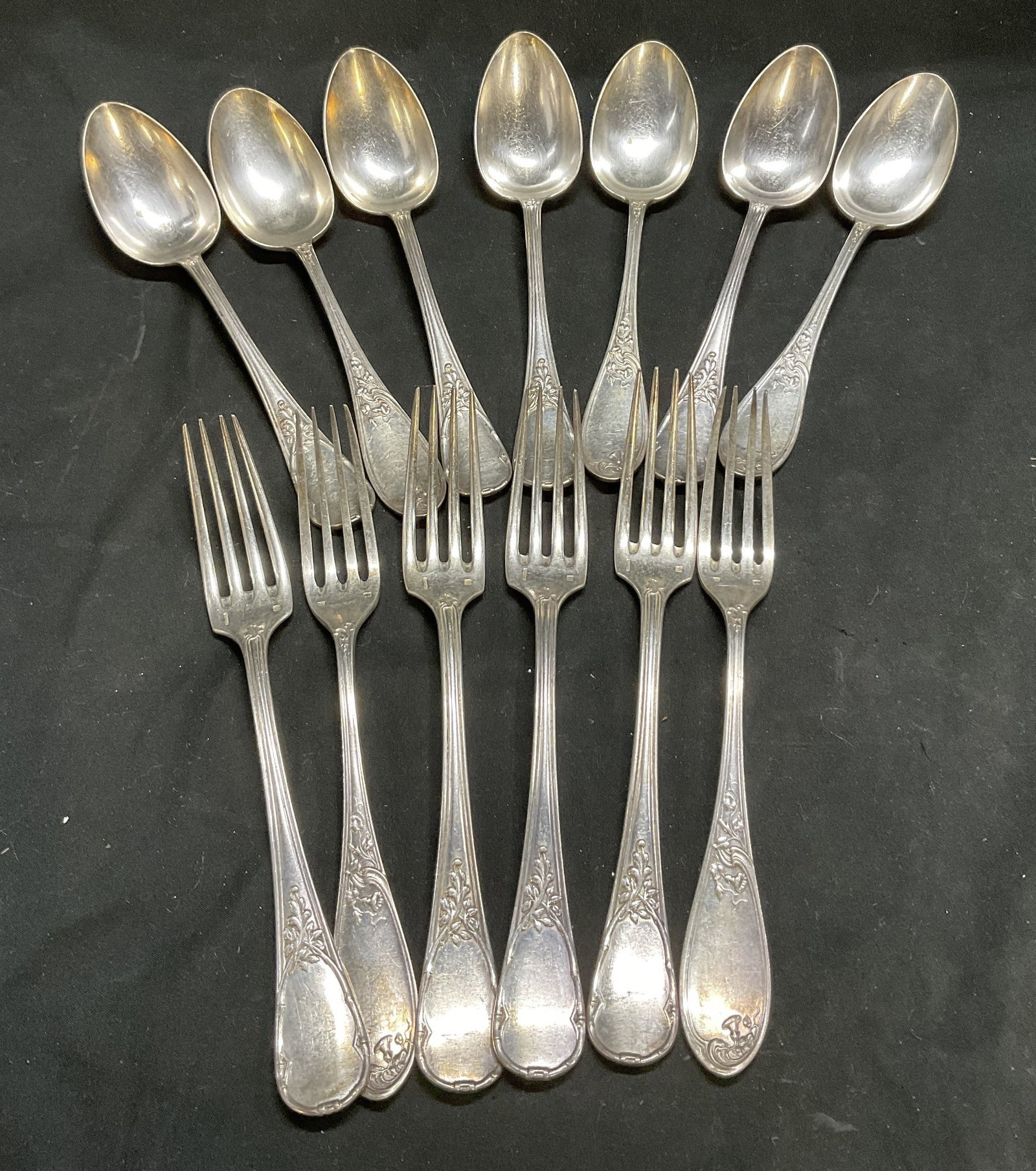 13 VTG FRENCH Ravinet DEnfert+ Slvr-Pltd Flatware: Set of 13 Vintage French Ravinet DEnfert and Metal Blanc 84 Silver-Plated Floral Pattern Flatware. Some With Monograms Engraved on Handles. 7 Serving Spoons and 6 Dinner Forks. Scratching Present.