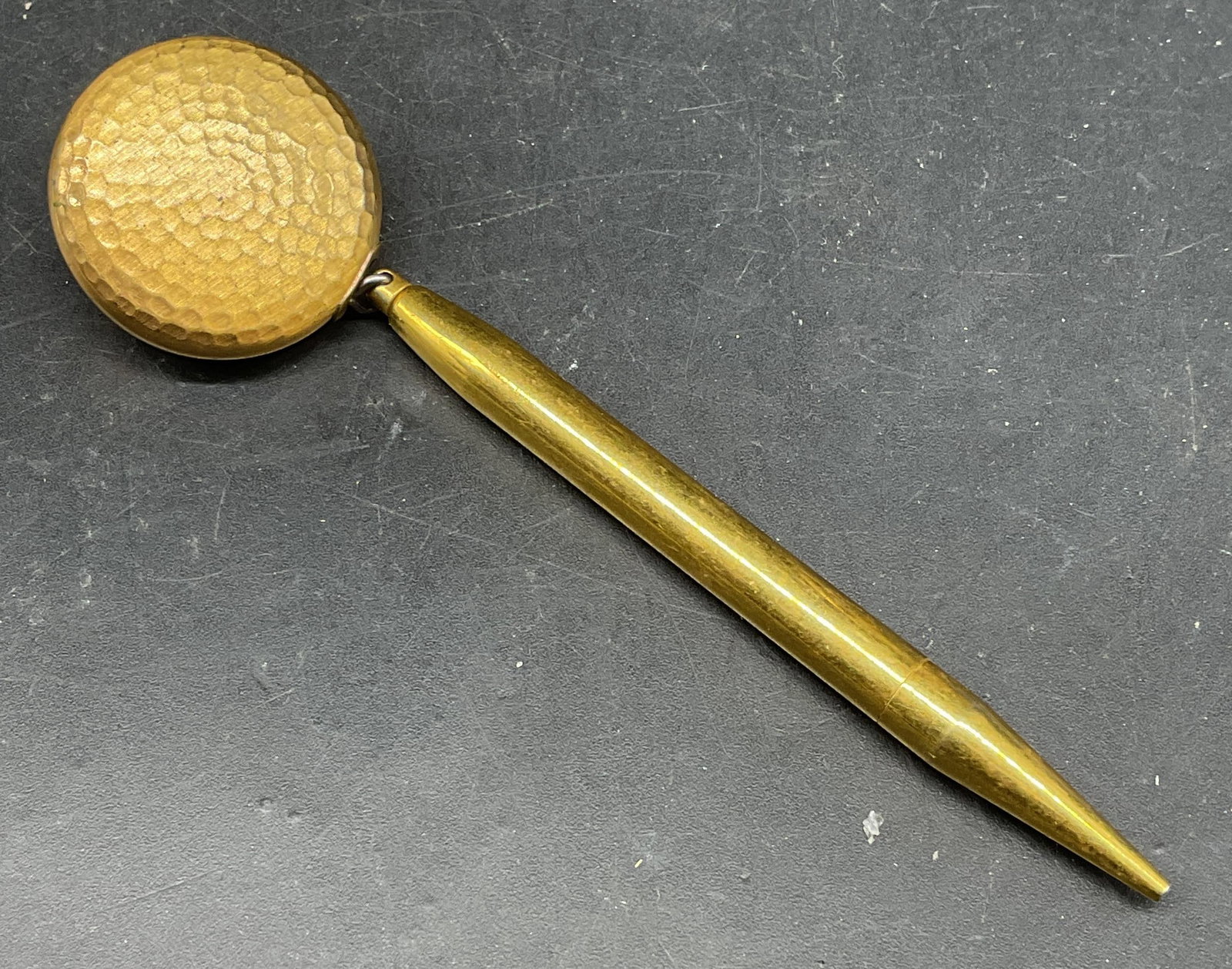 Ketcham & McDougall Retractable Chain Pencil Pin: Vintage, possibly antique, Ketcham & McDougall pin. Retractable chain with mechanical pencil. Pin measures approx. 1 inch wide. Pencil measures approx. 2.75 inches long. Some scratching. Jewelry,