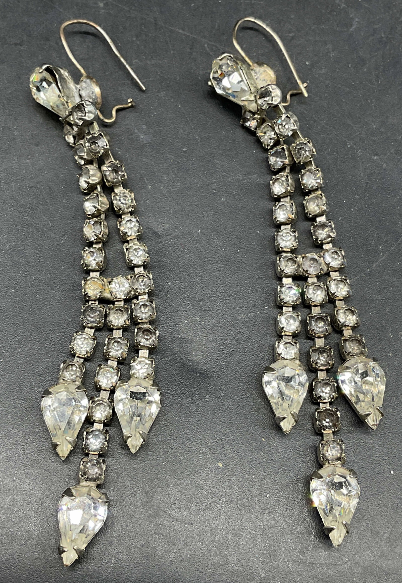 Vintage Silver Tone Crystal Chandelier Earrings: Vintage silver tone colorless crystal chandelier earrings. Measures approx. 3 inches long. Some scratching. Jewelry, estate jewelry, costume jewelry, cocktail jewelry, fashion jewelry, accessories,