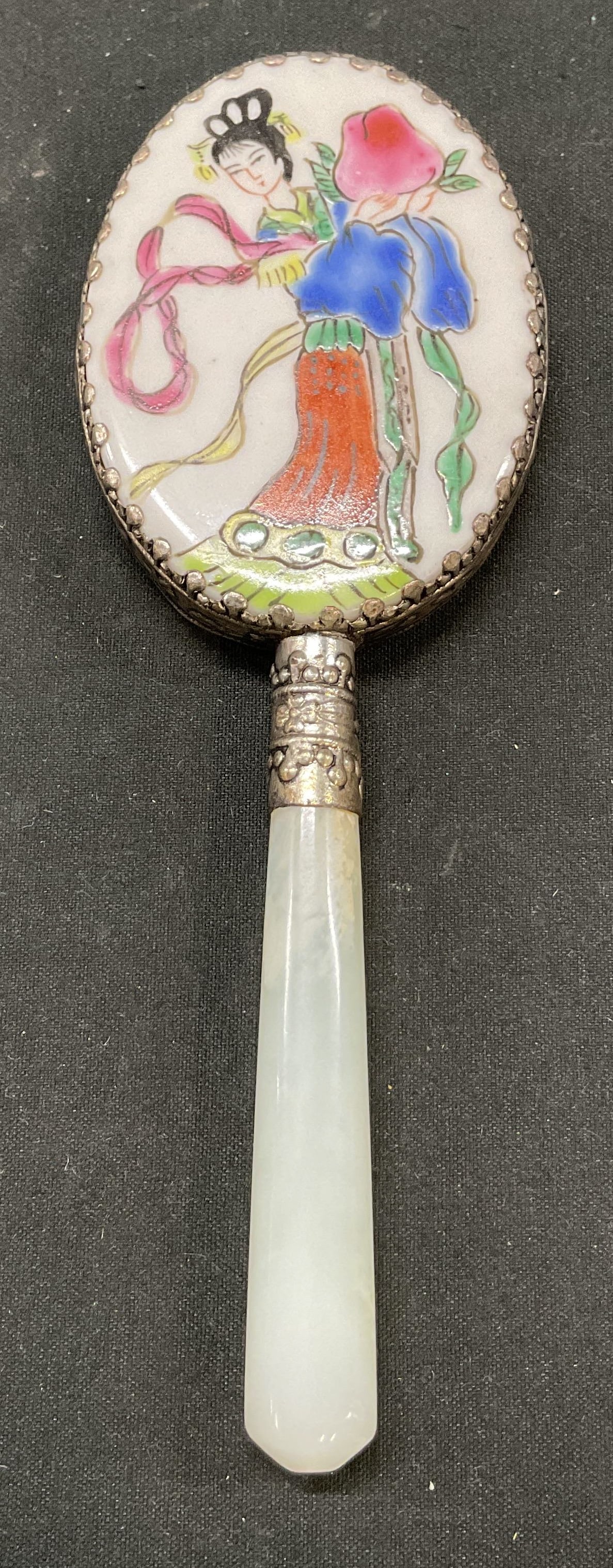 Vtg Asian Style Porcelain & Jade Hand Mirror W Box (1 of 8)