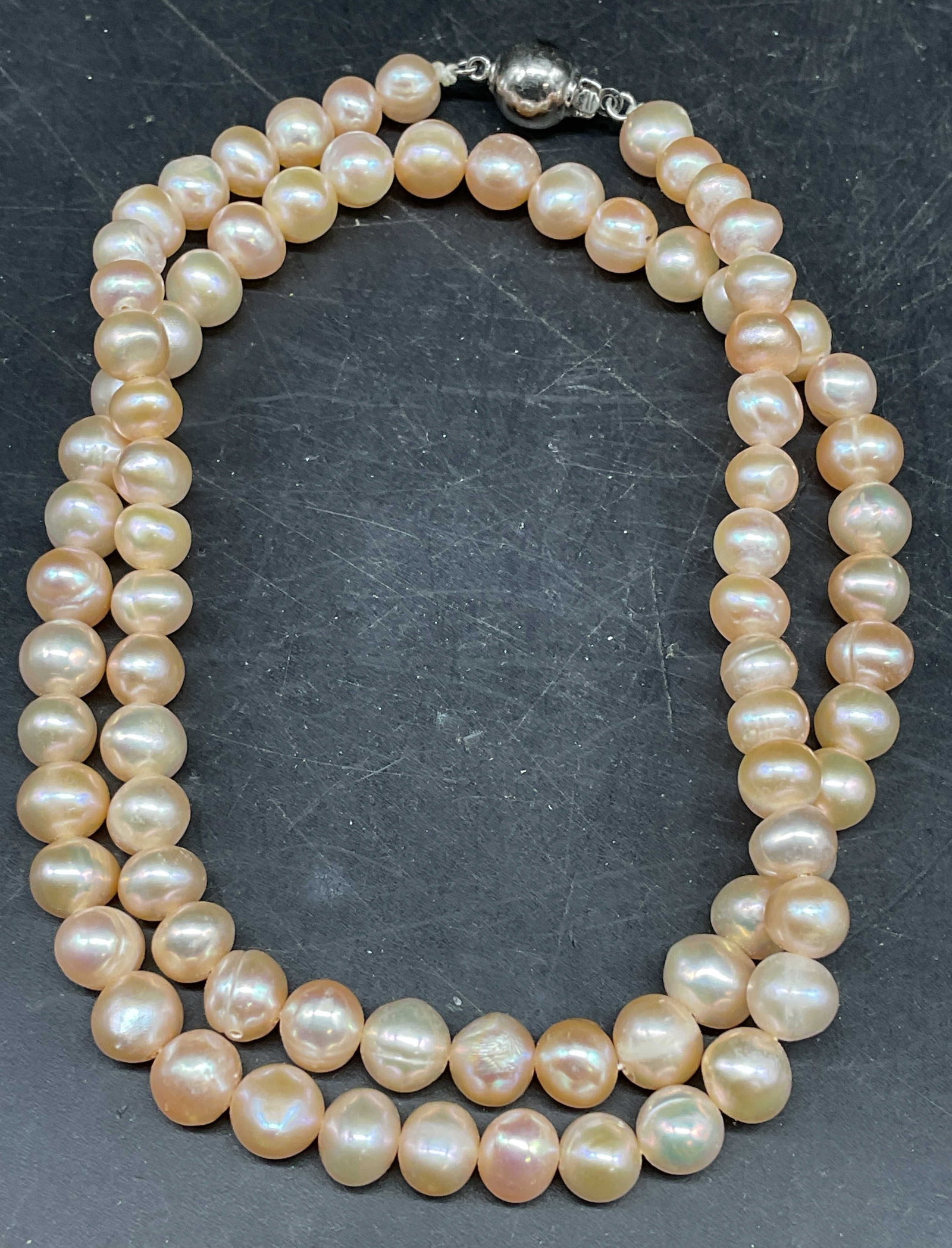 Pink Pearl Necklace with Sterling Silver Clasp: Pink pearl beaded necklace with sterling silver clasp. Drop length 9 inches. Marked sterling. Some scratching. Jewelry, estate jewelry, fine jewelry, cocktail jewelry, fashion jewelry, accessories,