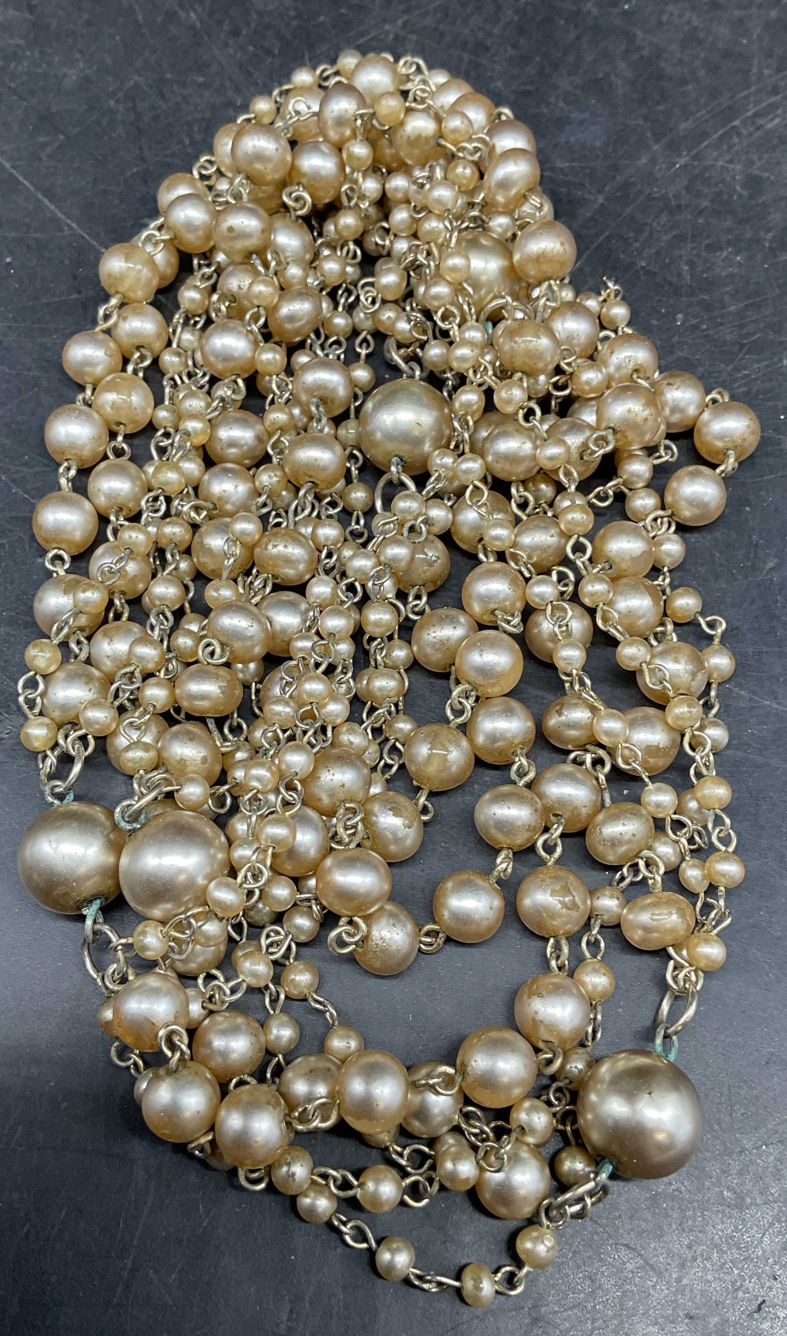 Vintage Faux Pearl Beaded Necklace: Vintage silver tone faux pearl beaded multi strand necklace. Drop length 22 inches. Chain needs untangling. Some scratching. Jewelry, estate jewelry, costume jewelry, cocktail jewelry, fashion