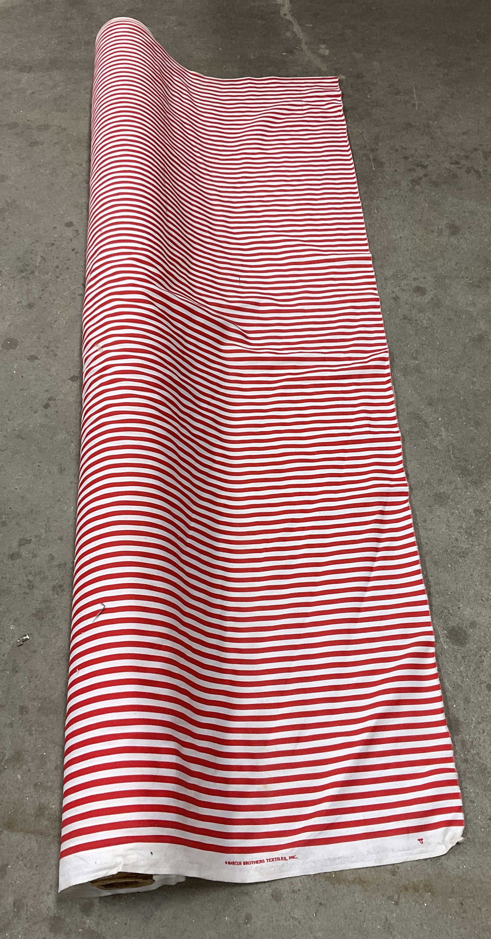 Marcus Brothers Red&White Pinstriped Fabric Bolt: Marcus Brothers Textiles Inc Red and White Pinstriped Pattern Fabric Bolt. Linen Material. Not Measured, Unrolled, or Inspected. Sold As Is. Part of Large Collection of NYC Interior Designers Estate.