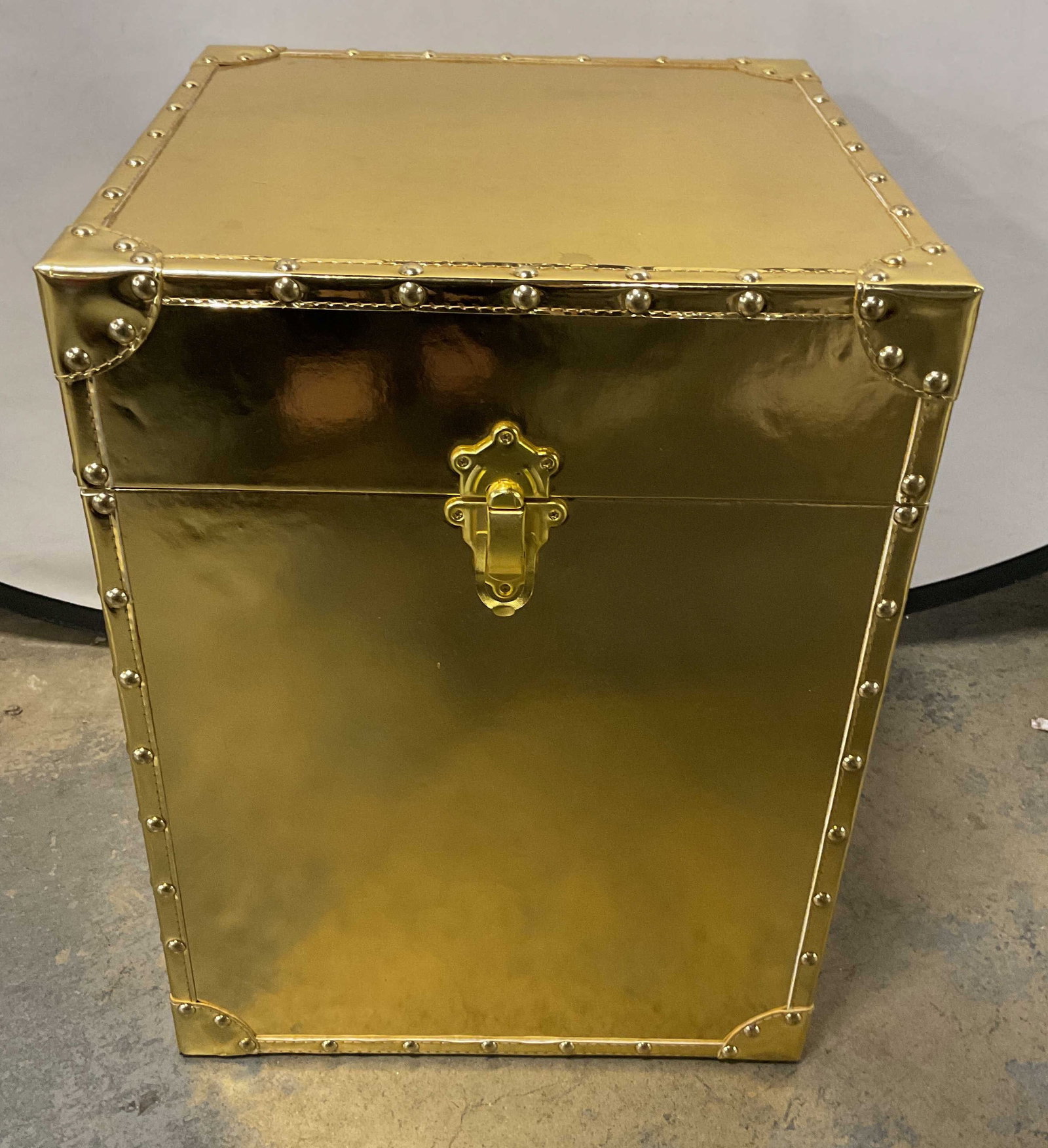 Gold Metallic Covered Storage Trunk: Gold metallic fabric covered storage trunk. Measures approx. 15 x 15 x 20 inches. Some scratching. Storage trunk, gold tone storage trunk, home accessories, home decor, 10 b