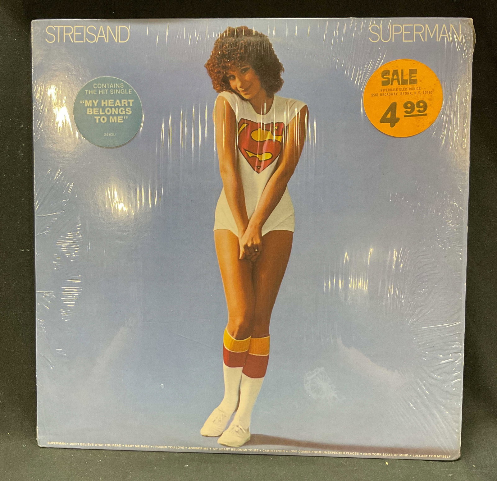 1977 Barbara Streisand Superman Vinyl Record: Streisand Superman by Barbara Streisand. Produced by Gary Klein. Manufactured by Columbia Records. Copyright 1977 CBS Inc. Illustrations and text as photographed here. Comes in original clear
