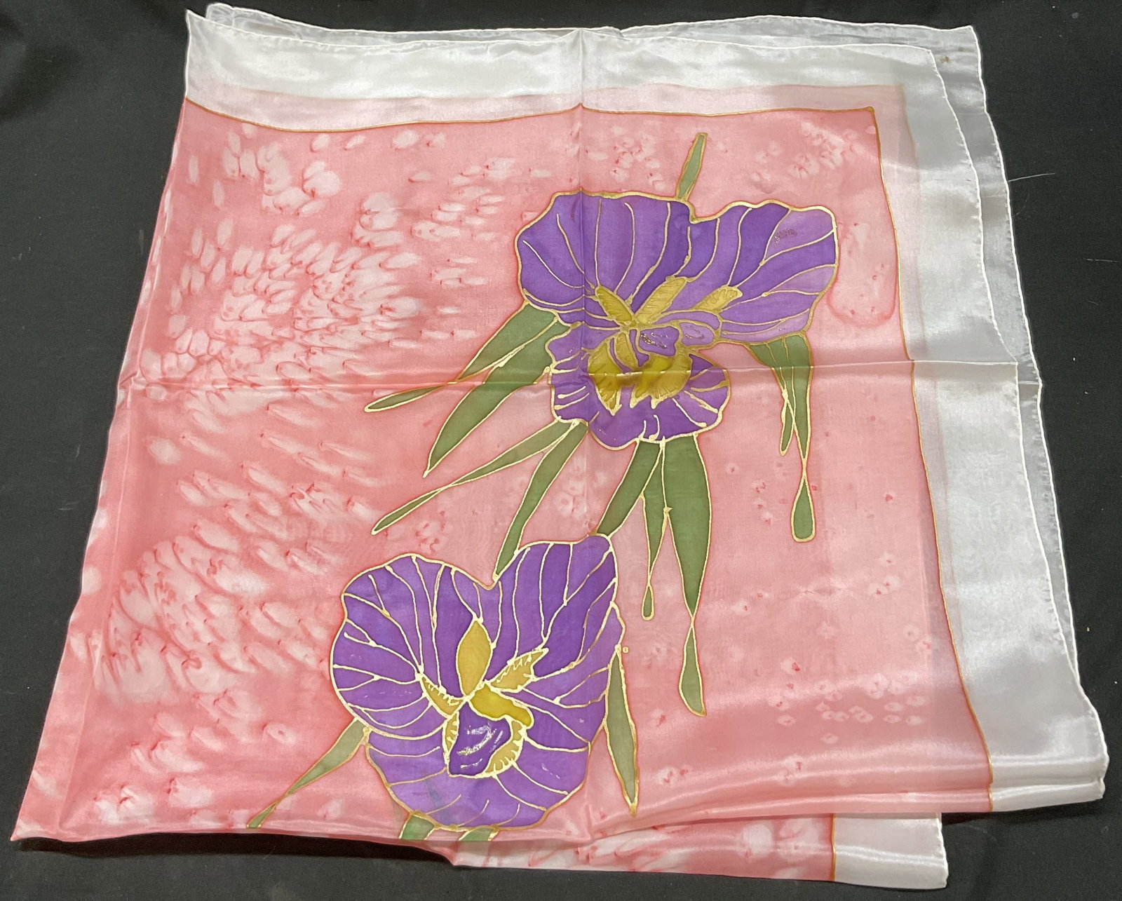 Vintage Abstract Floral Silk Scarf: Vintage abstract floral silk scarf. White border. Abstract pink background. Purple and green floral motifs with gilt accents. Measures approx 34 x 36 inches. Blemishes. Scarf, silk scarf, wearables,