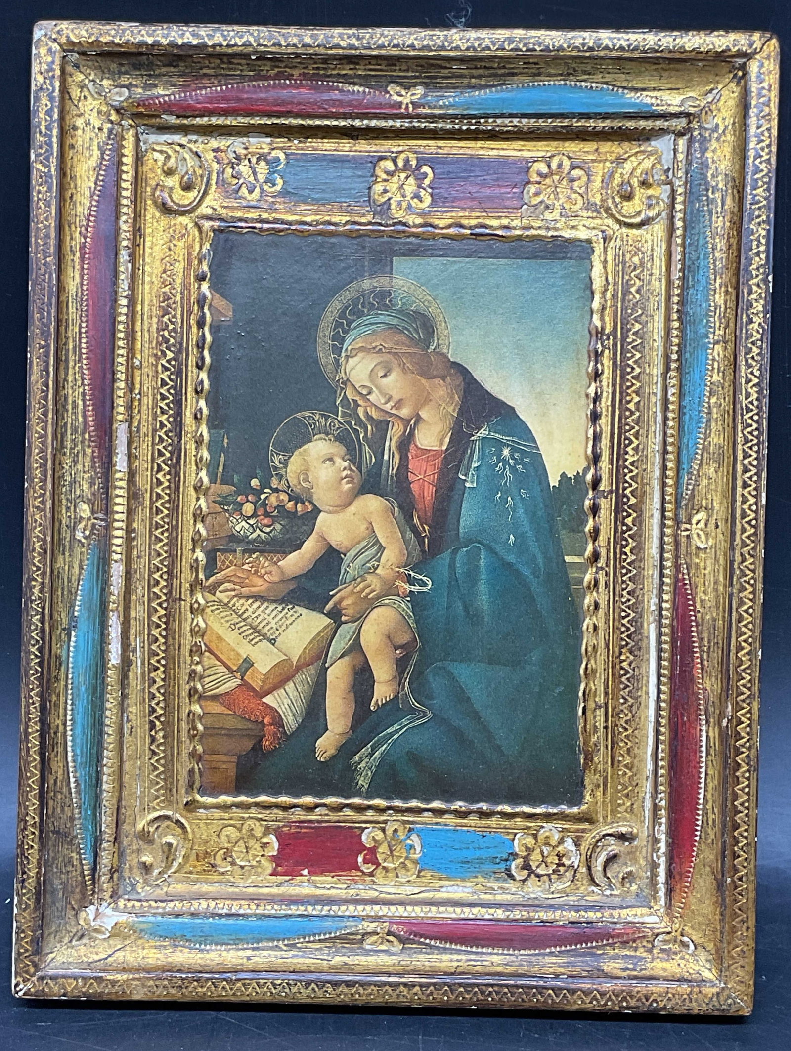 Florentine Madonna of the Book Lithograph: Lithograph on board. Florentine style gilt wood frame. After Botticelli, Madonna of the Book. Measures approx. 9.5 x 7.25 inches. Some chips and scratching. Art, home decor, home accessories, wall dec