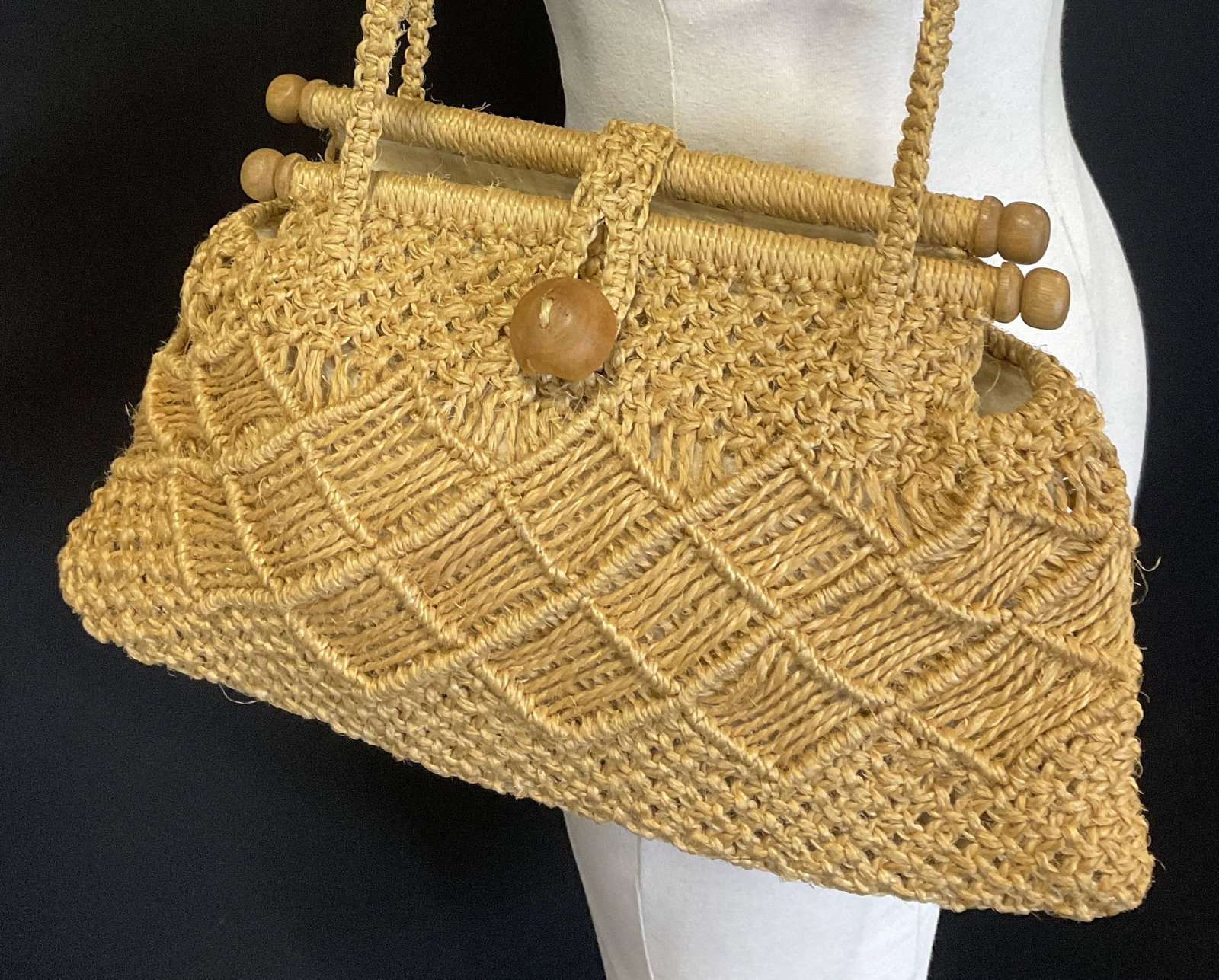 VINTAGE Handmade Macrame Handbag: Vintage Handmade Macrame Handbag. Wooden Button Enclosure. Some Staining. Measures app 22.5in H x 15in L. Vintage Handbags, Handmade, Macrame, Braided, Bohemian Style, Beach, Vacation, Fashion Accesso