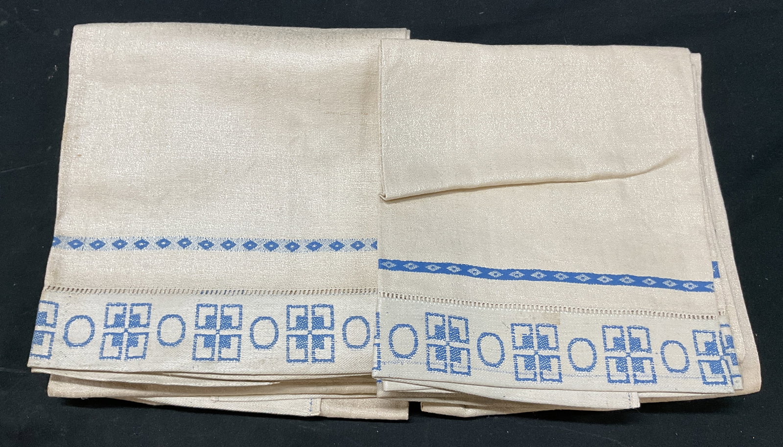 Set 6 Vintage Blue Geometric Linen Tea Towels (1 of 9)