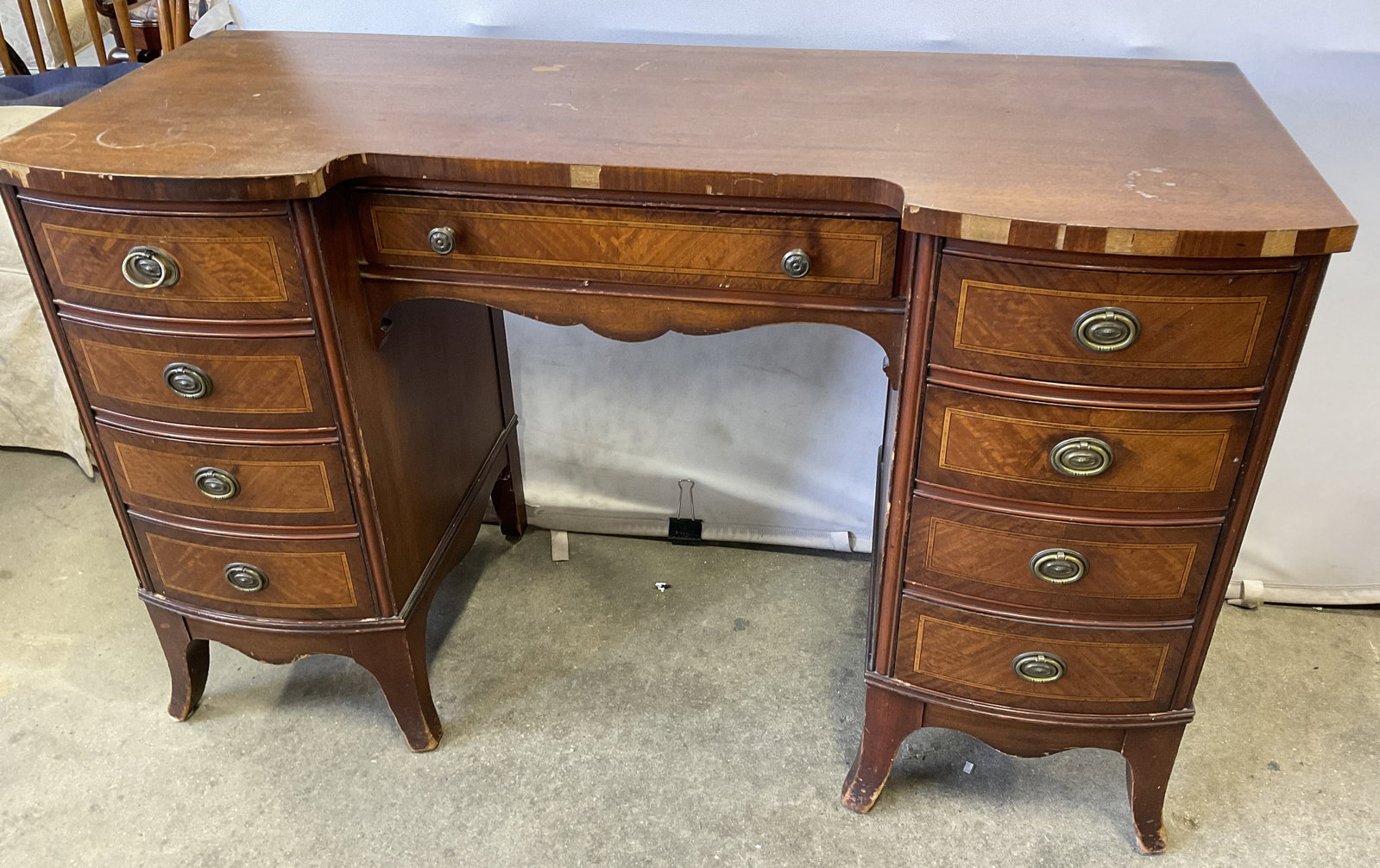 Federal-Style Mahogany Desk: Federal-Style Mahogany Desk. 9 Drawers. Inlaid Designs Around Drawers. Scratching and Peeling Present. Measures app 30in H x 48.25in L x 18in W. Federal-Style, Mahogany, Wooden, Desk, Inlaid, Office D