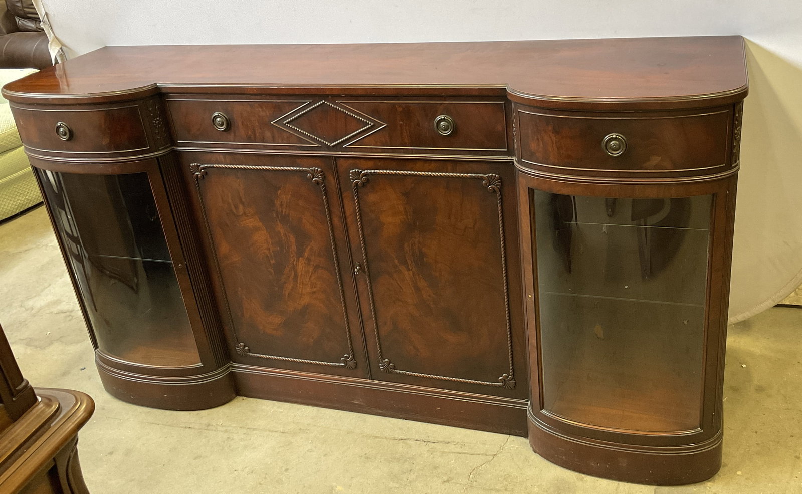 VINTAGE Mahogany China Display Hutch: Vintage Mahogany China Display Hutch. Intricate Walnut Inlays. 2 Rounded Glass Doors. 3 Drawers. Scratching Present. Measures app 38in H x 72in L x 17in W. Vintage, Mahogany, Wooden, China Cabinet, Di