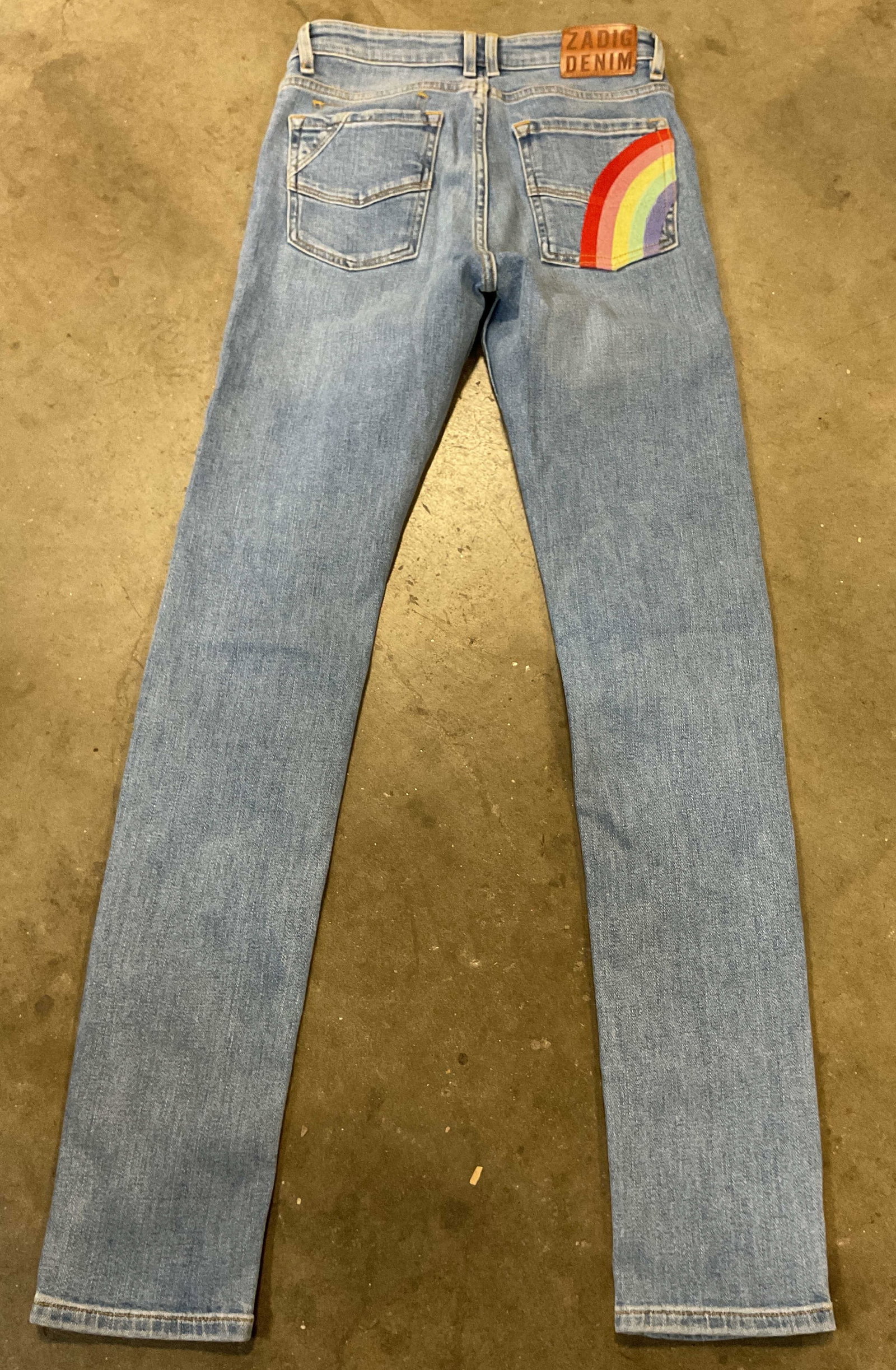 Zadig & Voltaire Rainbow Light Wash Denim Jeans: Zadig & Voltaire rainbow light wash denim jeans. Size 24. 92% cotton. Rainbow design on back pocket. Wear consistent with exposure. Jeans, bottoms, pants, Zadig & Voltaire, wearables, clothing, outerw