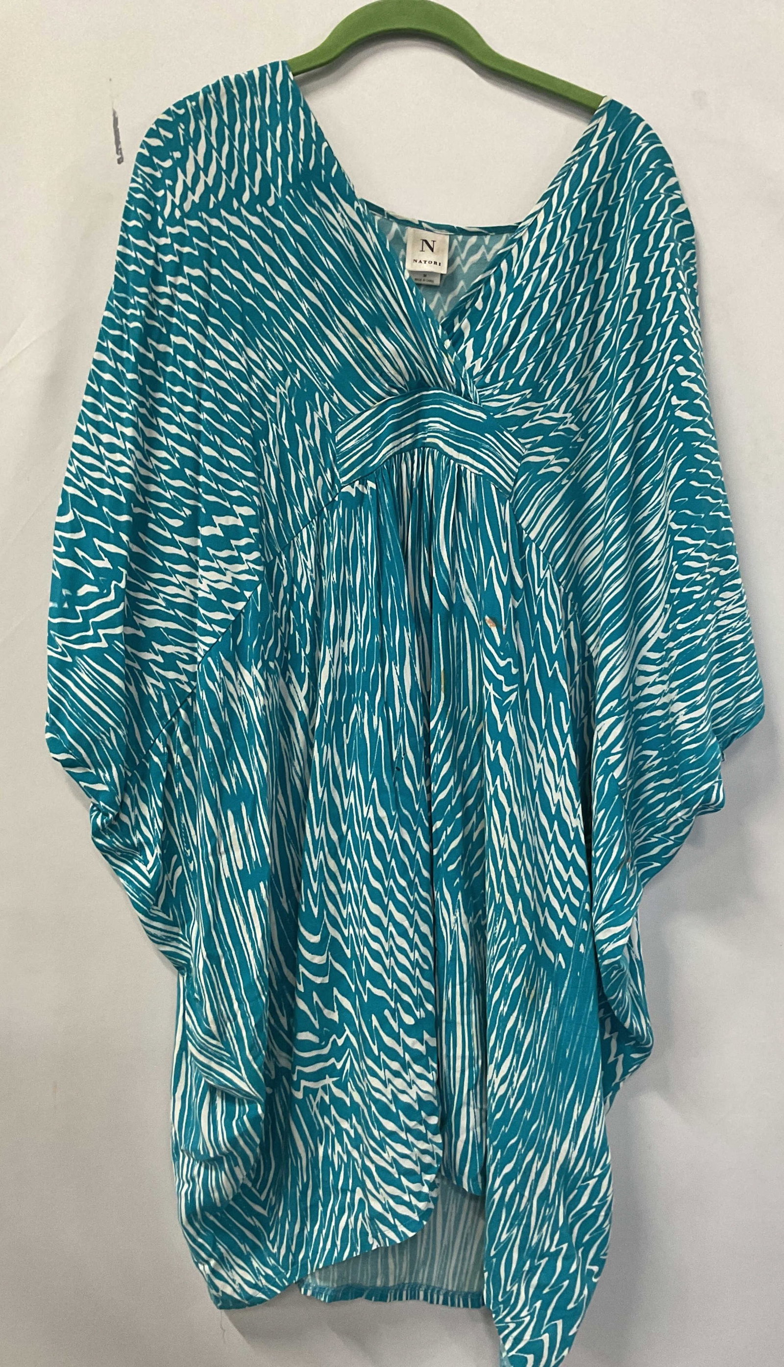 Natori Blue & White Cover Up: Natori blue and white cover up. Size M. 100% rayon. Blue and white geometric pattern. Blemishes and holes. Cover up, top, wearables, clothing, outerwear, fashion, Natori. 4H