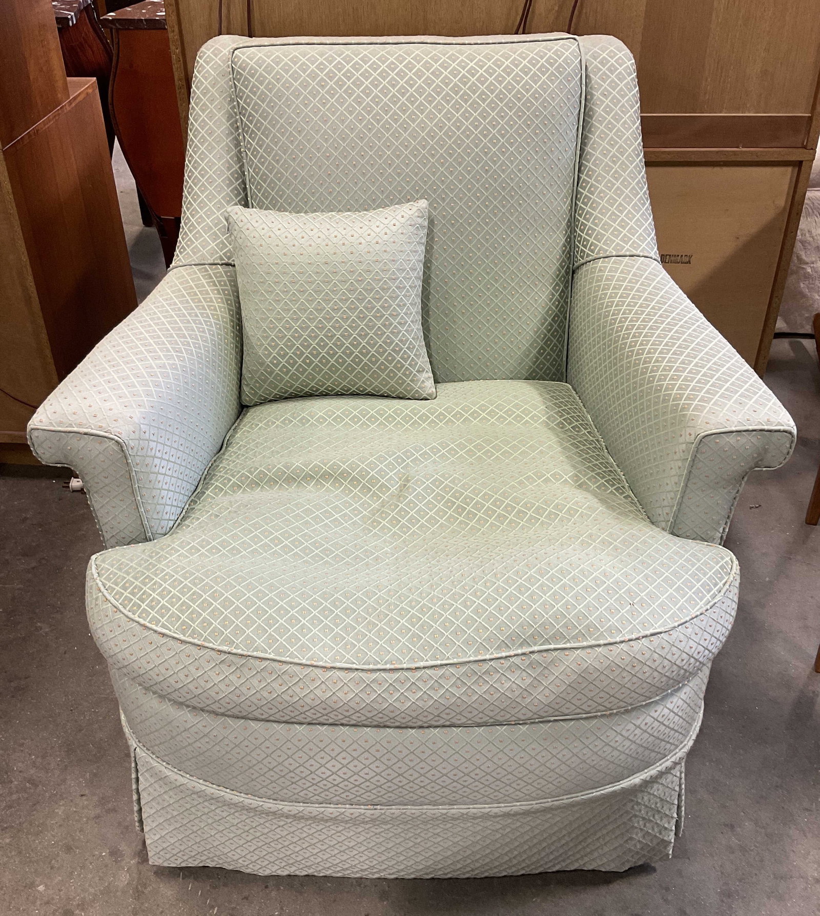 Vintage-Style Upholstered Skirted Armchair: Vintage-Style Mint Green Upholstered Skirted Armchair. Diamond-Trellis Quilted Pattern. Some Staining. Measures app 32in H x 32in L x 27in W. Vintage-Style, Mint Green, Upholstery, Skirted, Armchairs,