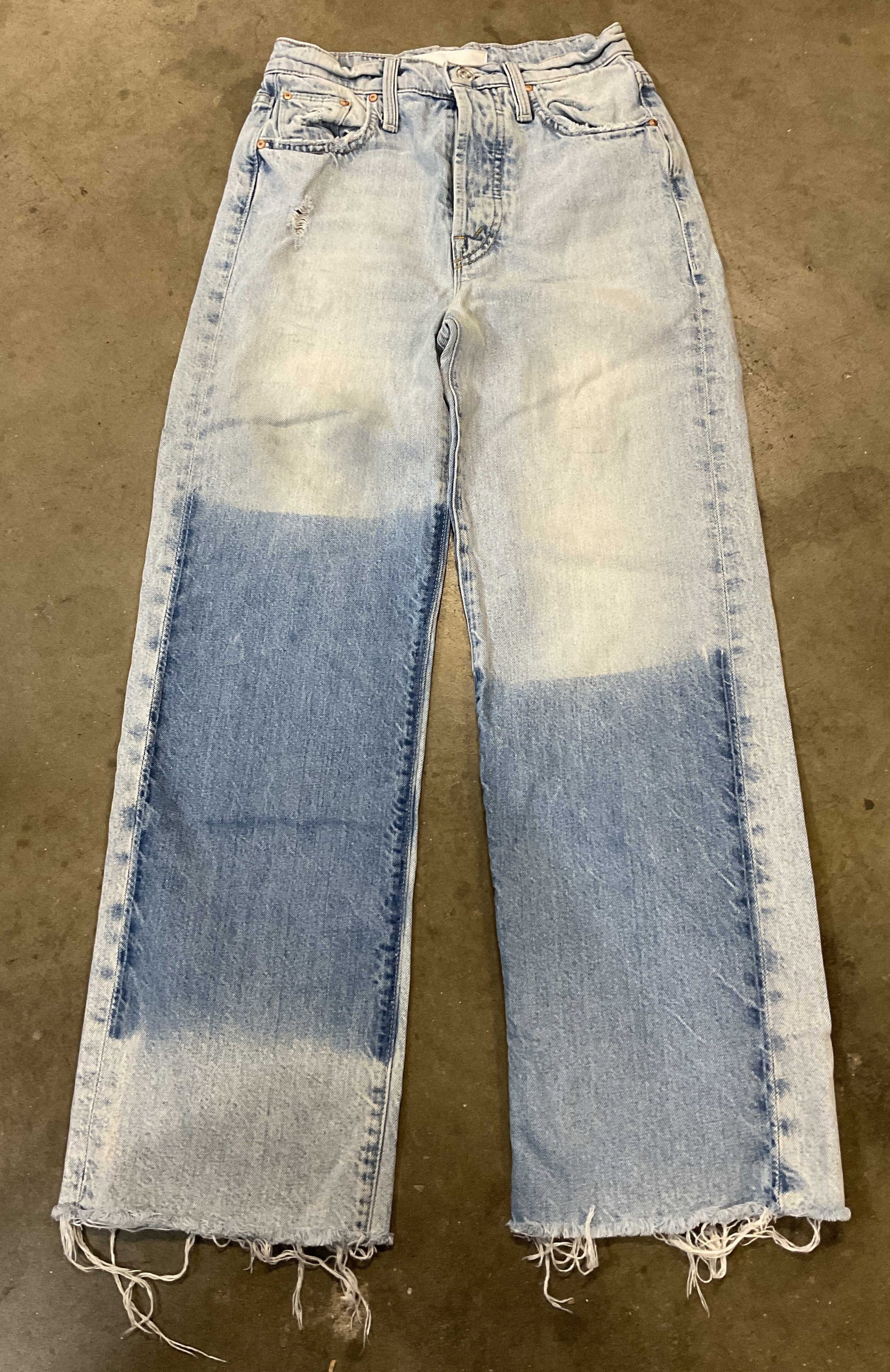 Mother Superior Light Wash Denim Jeans USA: Mother Superior light wash denim jeans. Made in USA. Size 24. 100% cotton. Light and medium wash tones. Fringed trim and rip accents. Wear consistent with exposure. Jeans, pants, bottoms, Mother Super