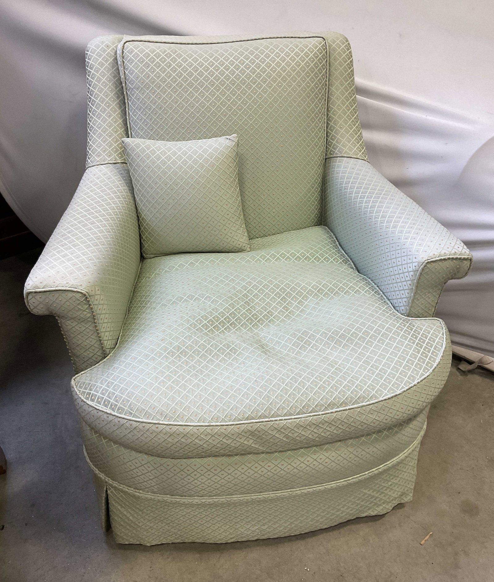 Vintage-Style Upholstered Skirted Armchair: Vintage-Style Mint Green Upholstered Skirted Armchair. Diamond-Trellis Quilted Pattern. Condition Consistent With Exposure. Measures app 32in H x 32in L x 27in W. Vintage-Style, Mint Green, Upholstery